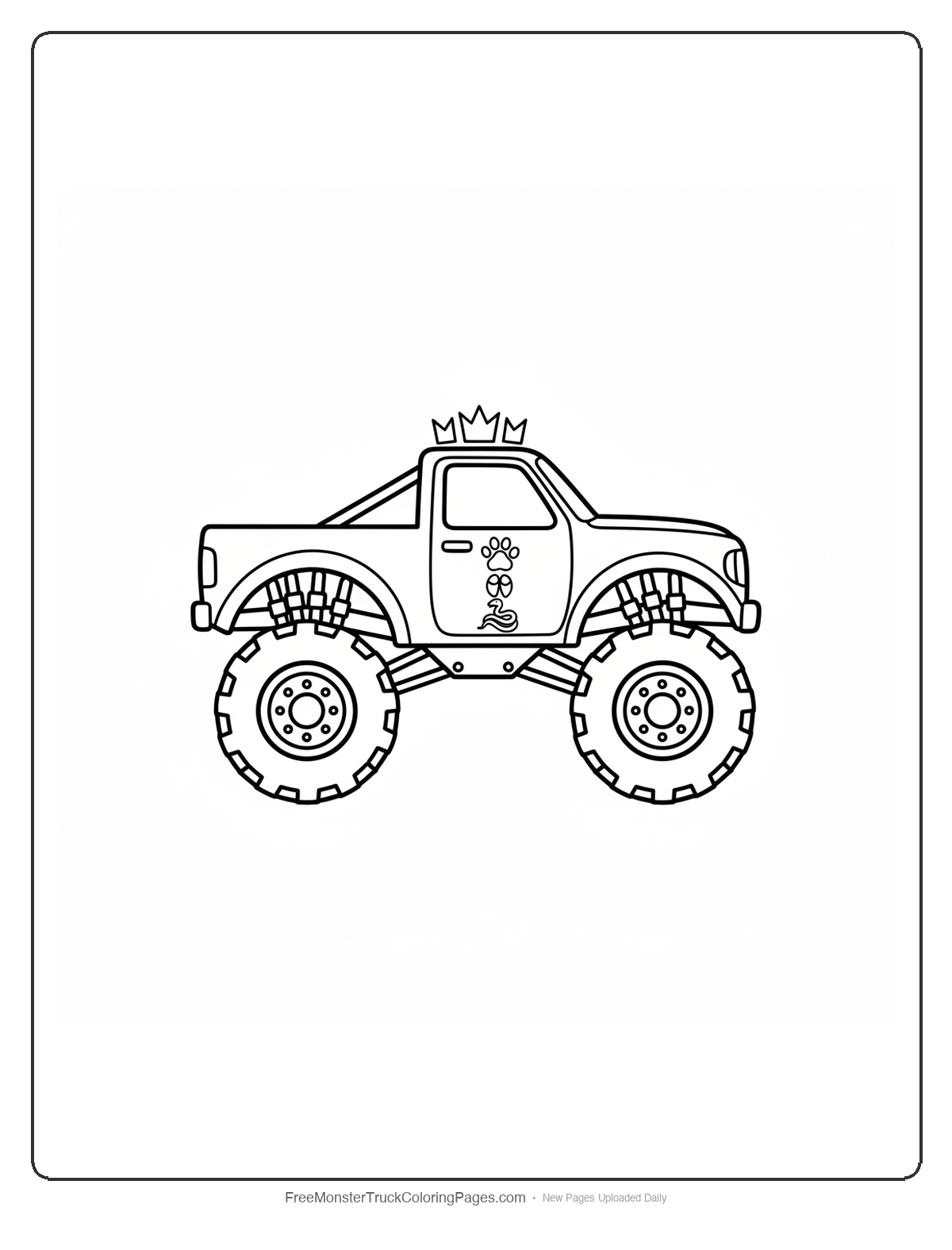 Black and white coloring page of a simple monster truck with three small crowns on the roof