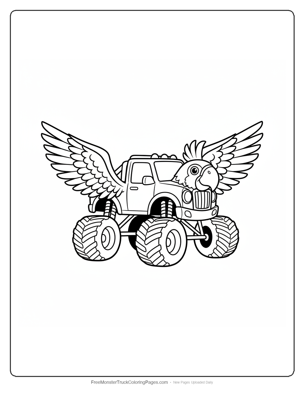 Black and white coloring page of a monster truck with large parrot wings and detailed feather patterns