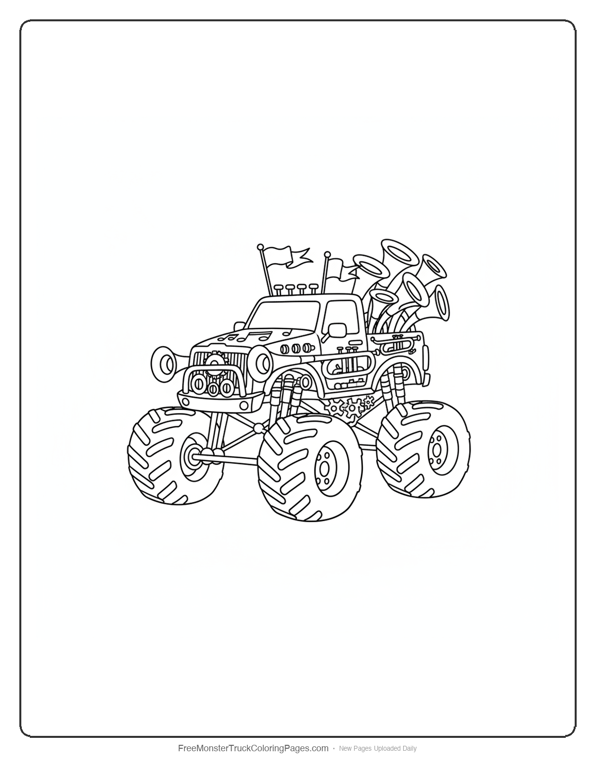 Black and white coloring page of a monster truck with trumpet exhaust pipes and brass instrument decorations