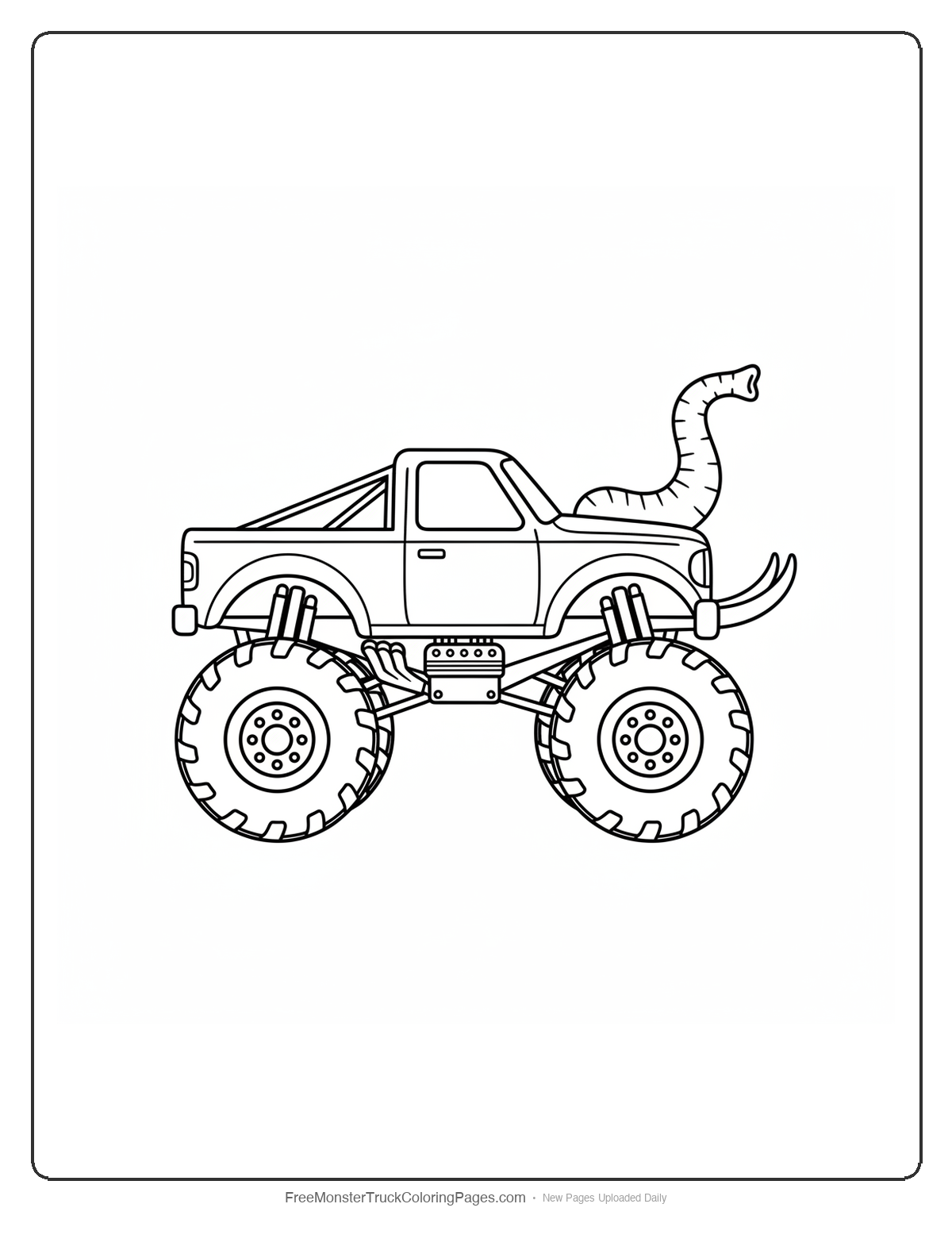 Black and white coloring page of a monster truck with a mammoth trunk shape on the hood curving up like a crane