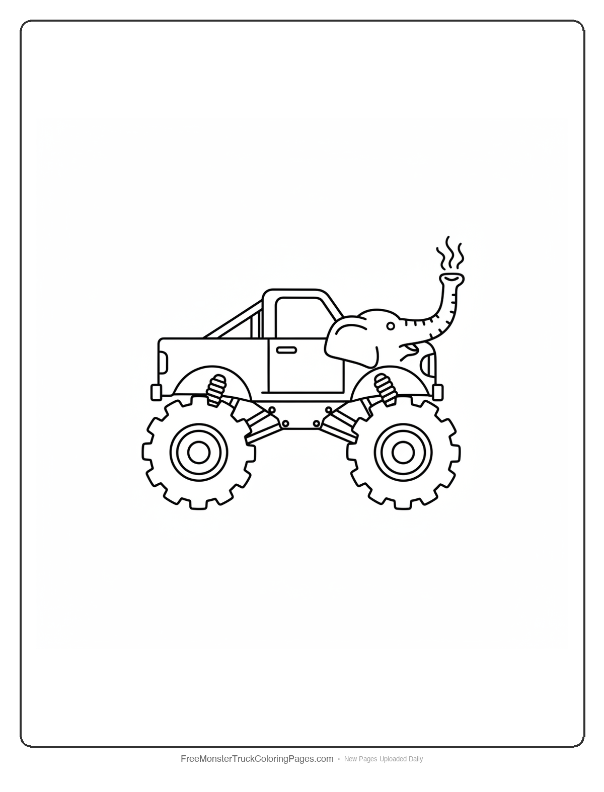 Black and white coloring page of a monster truck with an exhaust pipe shaped like a curling mammoth trunk