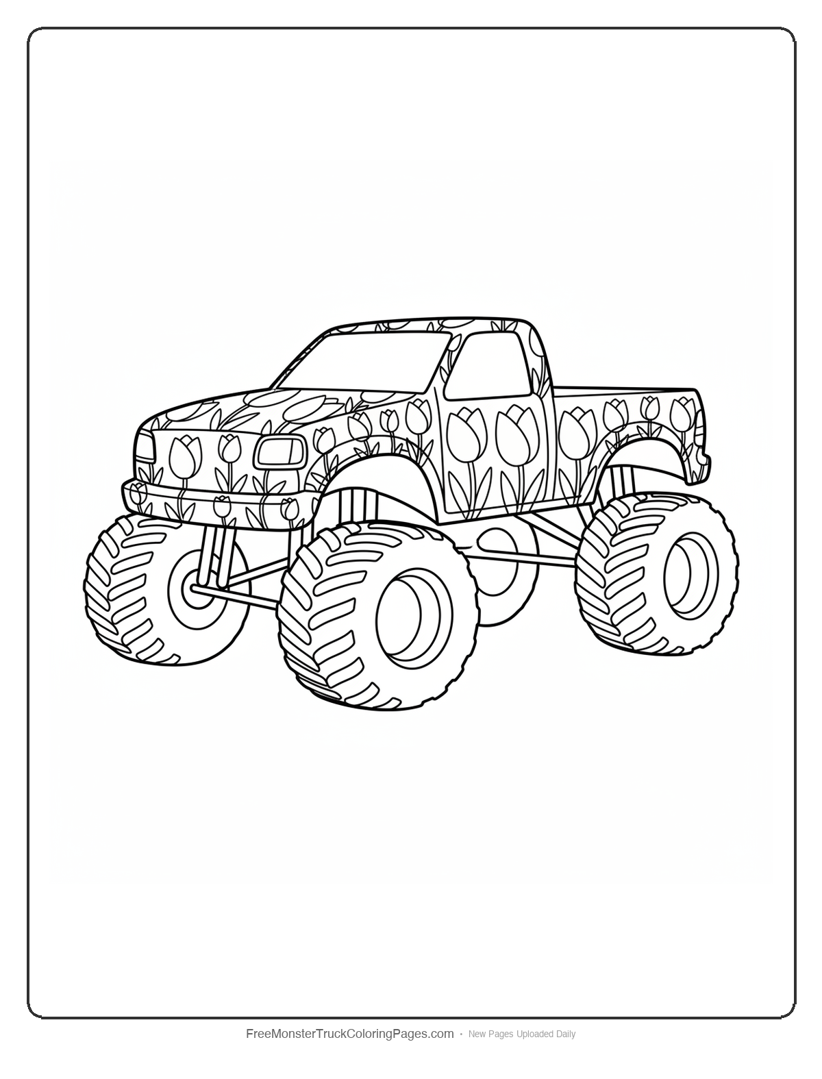 Coloring page of a monster truck decorated with tulip flowers on the body panels and wheel designs