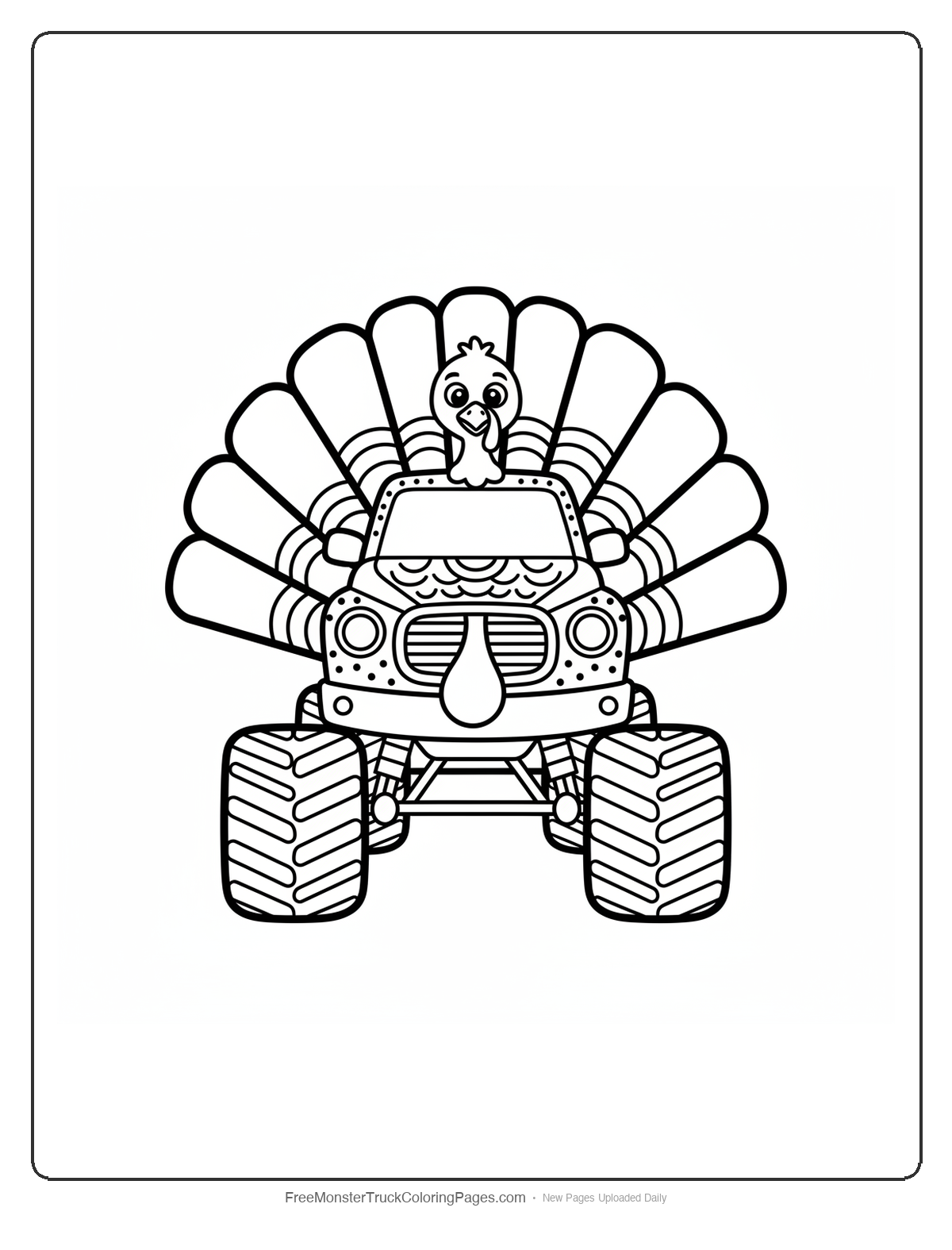Black and white coloring page of a monster truck with turkey fan feathers and wattle