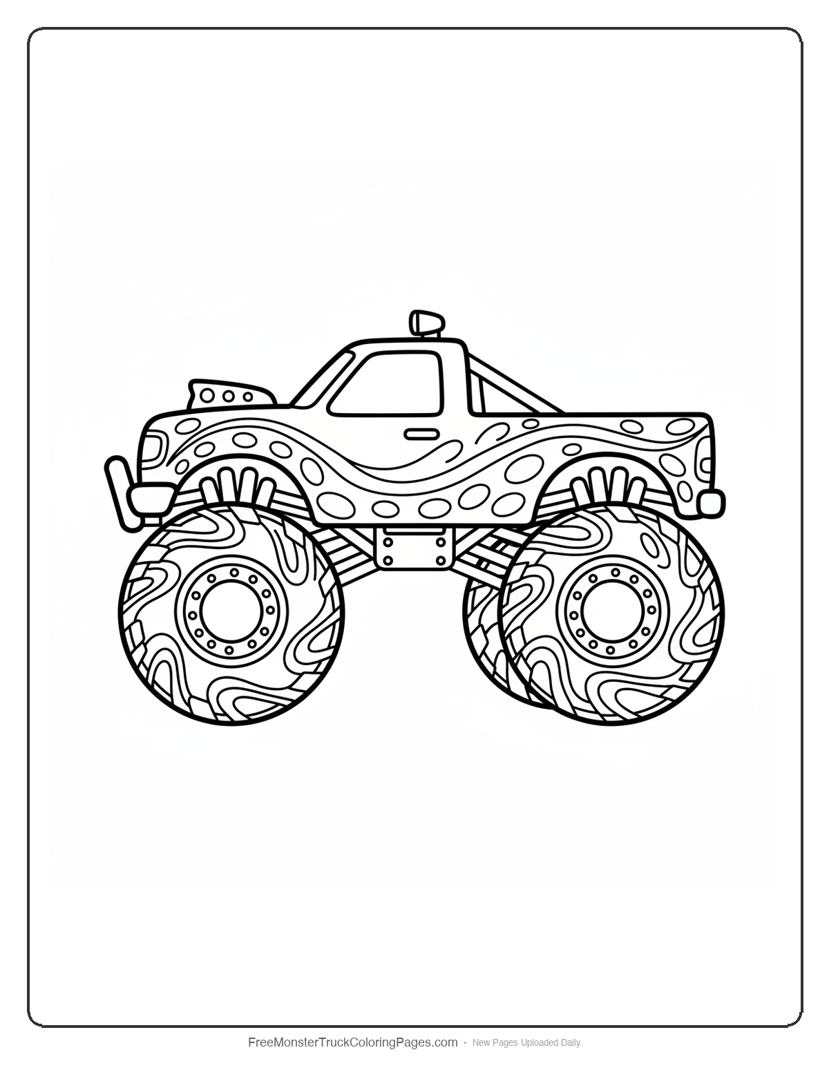 Monster truck coloring page decorated with turquoise gemstones arranged in wave-like patterns