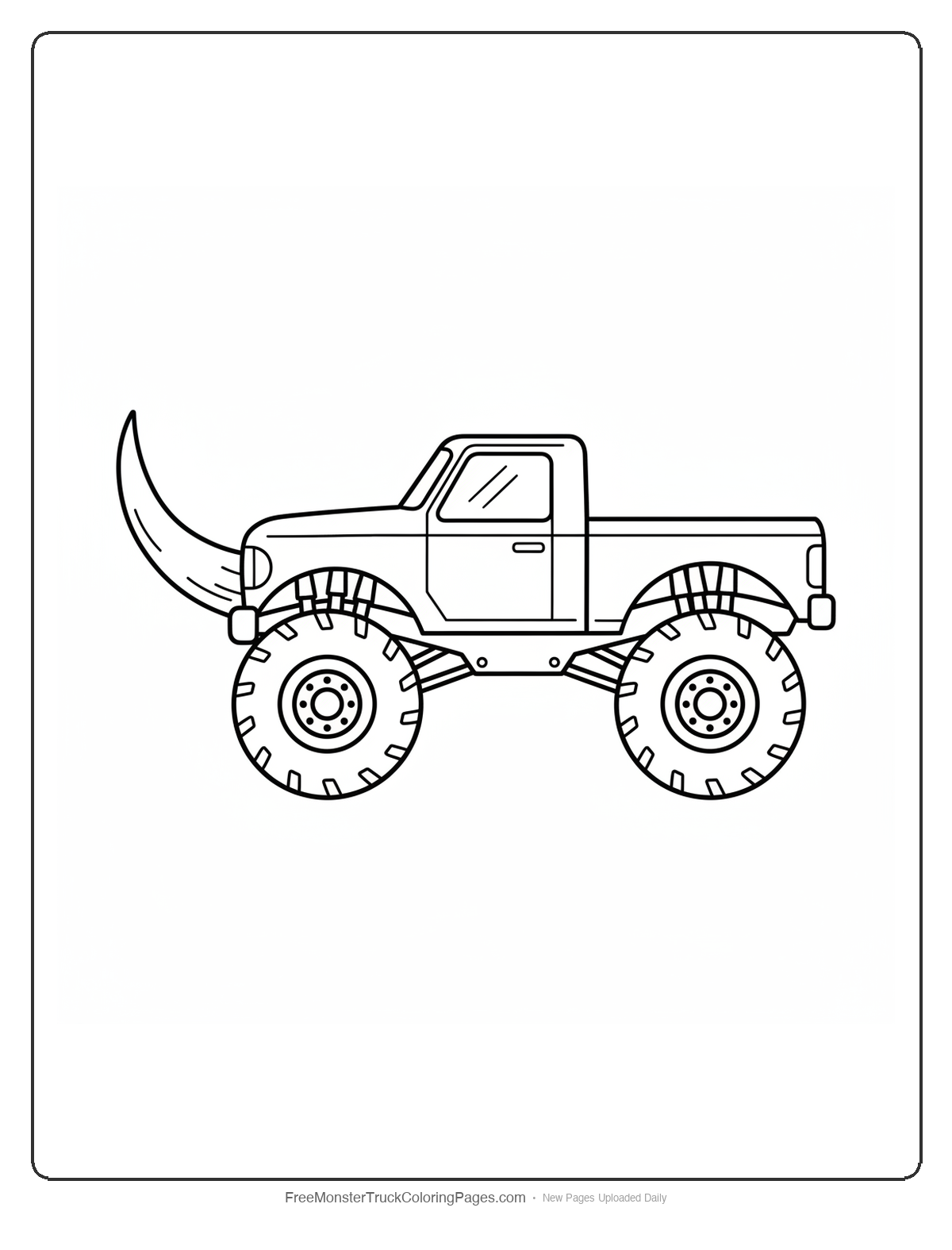 Black and white coloring page of a monster truck with the entire hood shaped as a single massive tusk battering ram