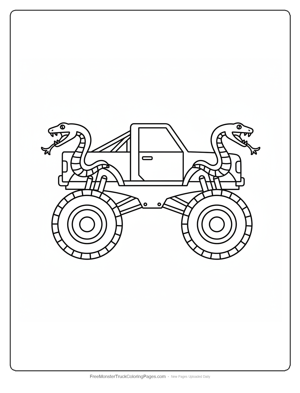 Black and white coloring page of a monster truck where each side mirror is a small snake head with open mouth facing backward