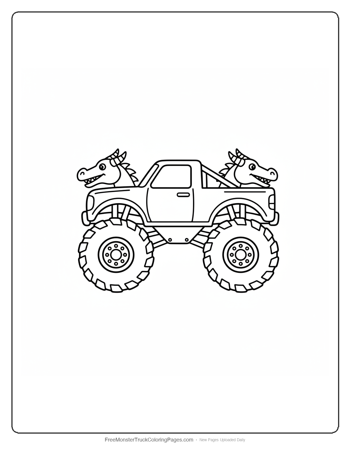 Black and white coloring page of a monster truck with two dragon heads on the hood facing opposite directions
