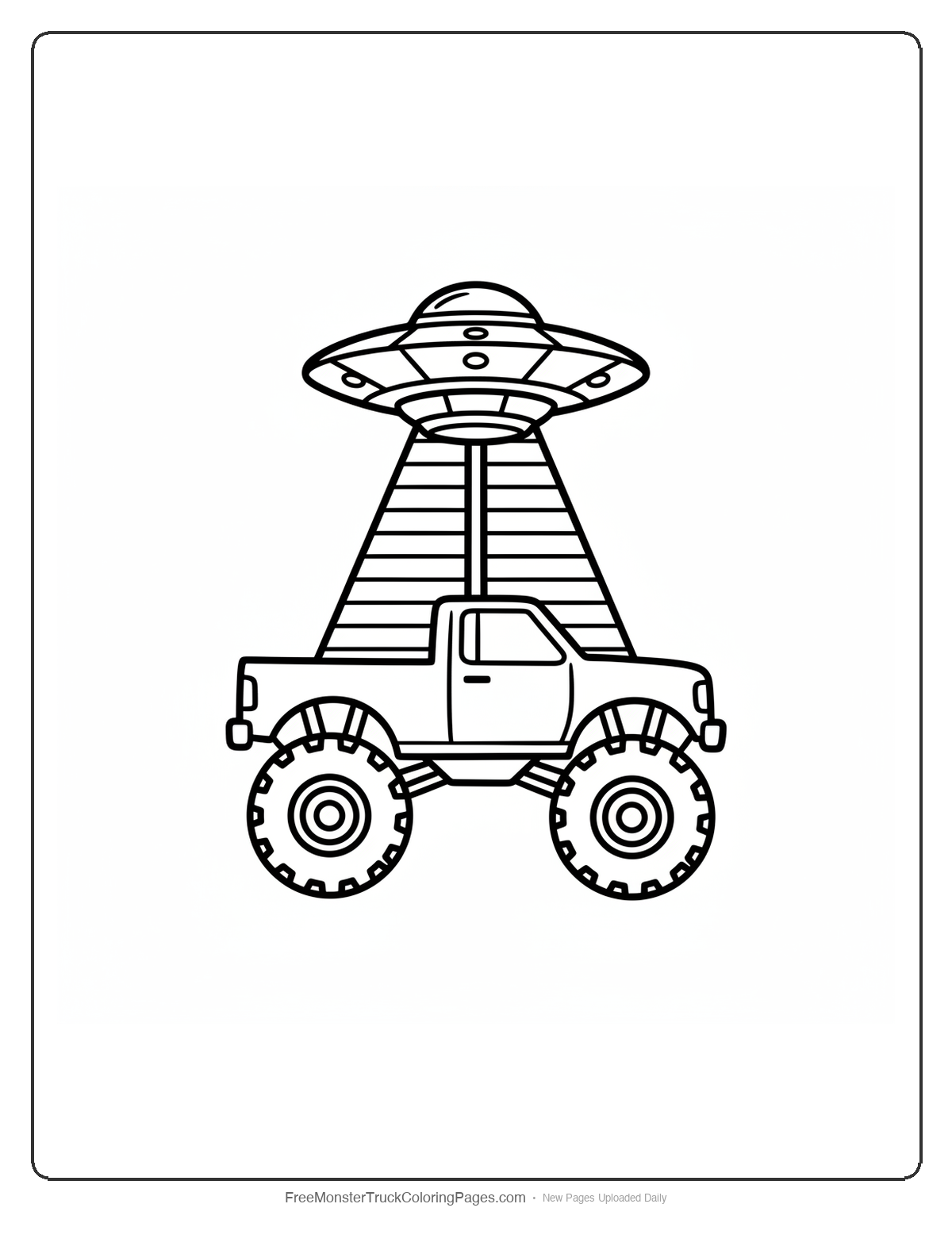 Black and white coloring page of a monster truck with a UFO disc on a pole above the cab and a triangular beam shape coming down from it