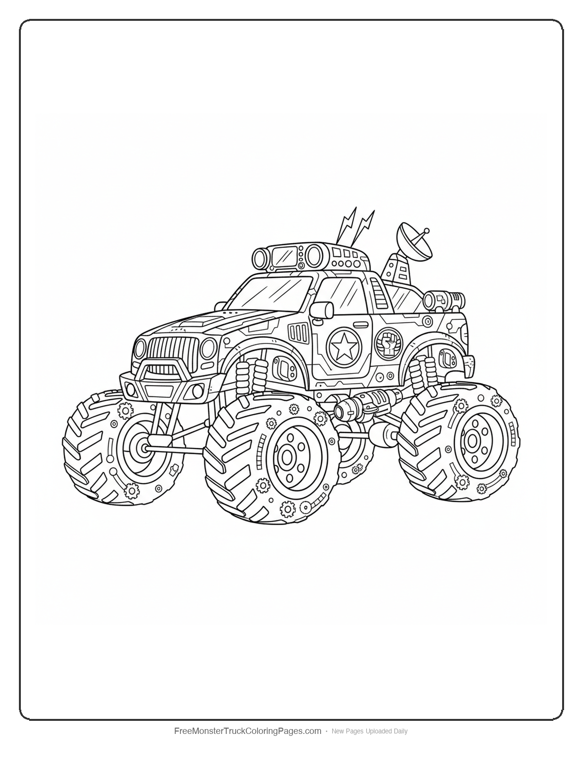 Complex monster truck coloring page with command center design and multiple superhero elements