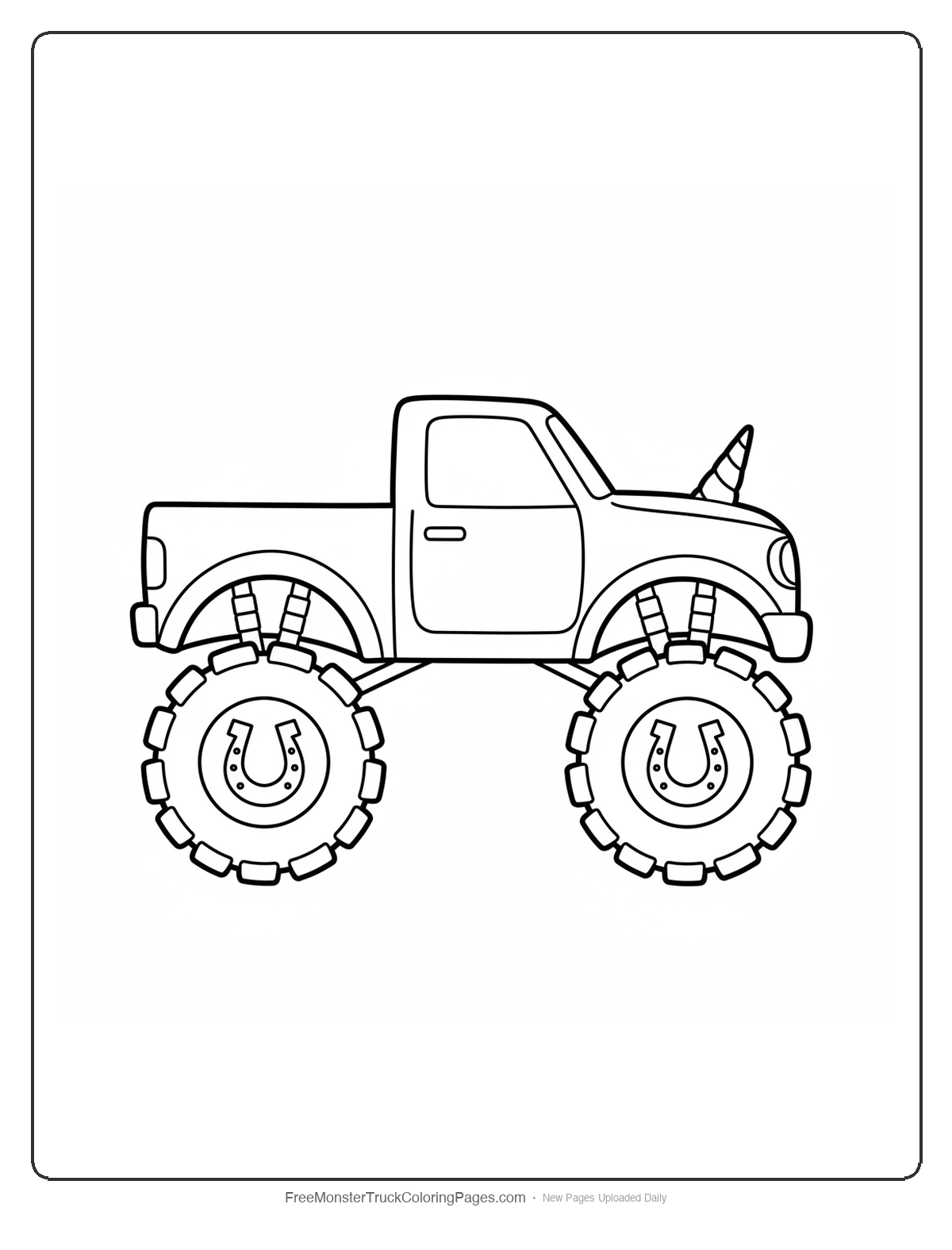 Black and white coloring page of a simple monster truck with unicorn hoof shaped wheel hubs and a horn on the hood