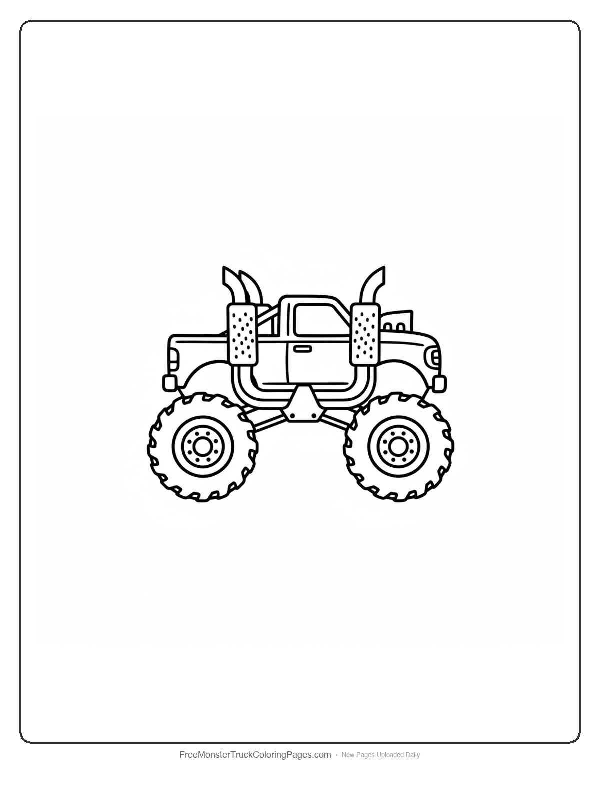 Black and white coloring page of a monster truck with exhaust pipes that curve downward and hook back up like upside-down bats