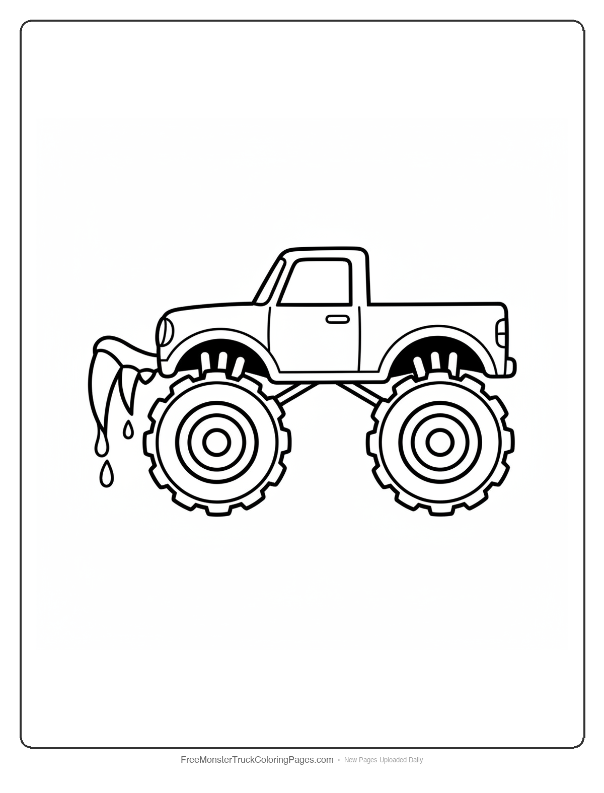 Black and white coloring page of a simple monster truck with two fangs on the front bumper and drip shapes hanging from the fang tips