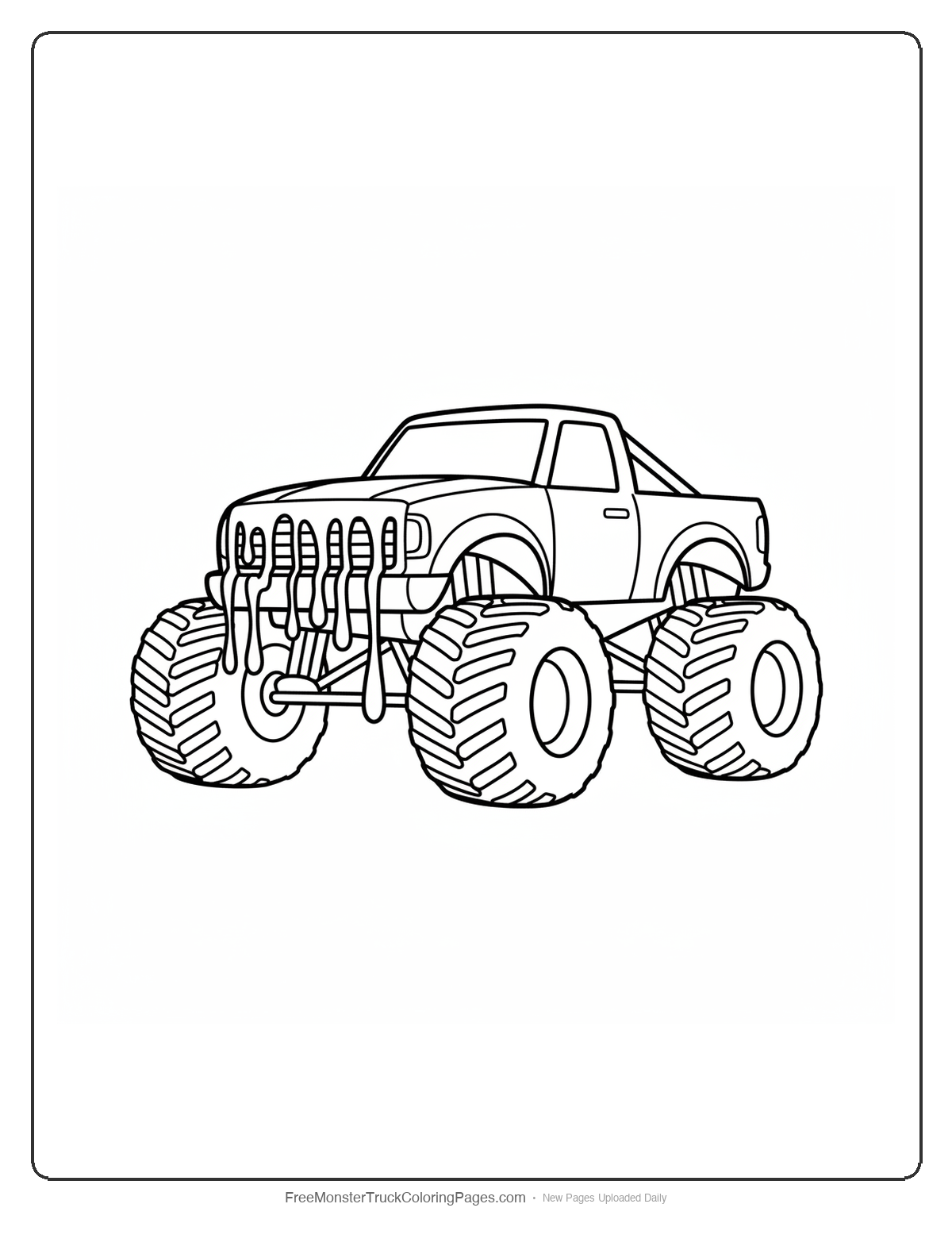 Black and white coloring page of a monster truck with a grille featuring long venom drip shapes hanging from the top
