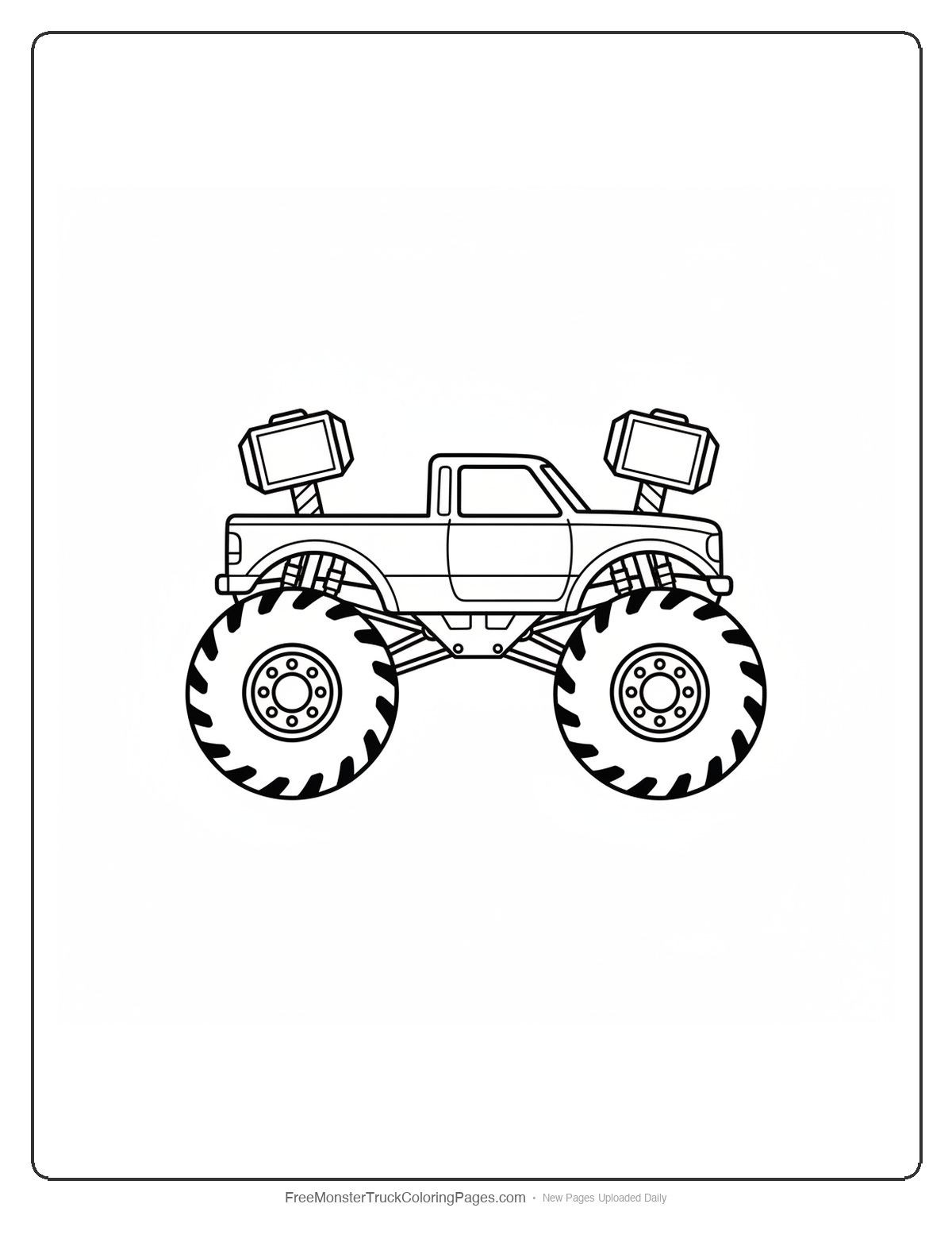Black and white coloring page of a monster truck with exhaust pipes shaped like Thor's hammer Mjolnir mounted behind the cab