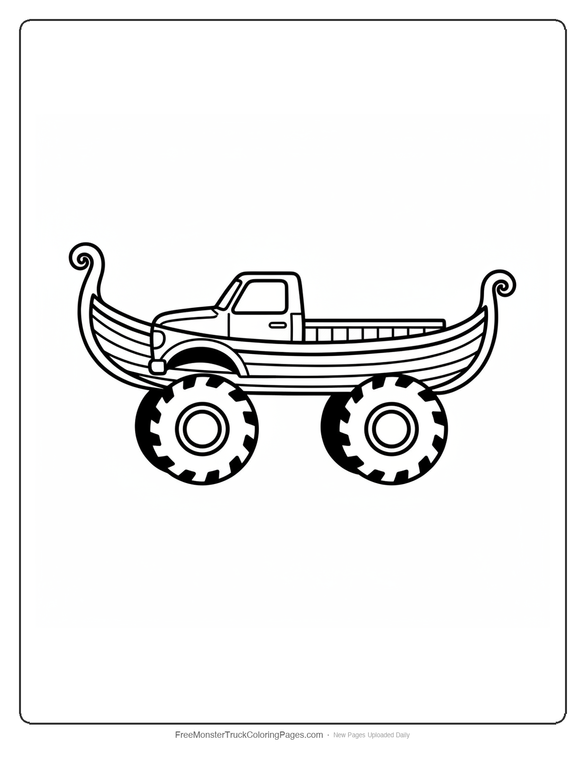 Black and white coloring page of a monster truck where the truck bed is shaped like a viking longship boat hull