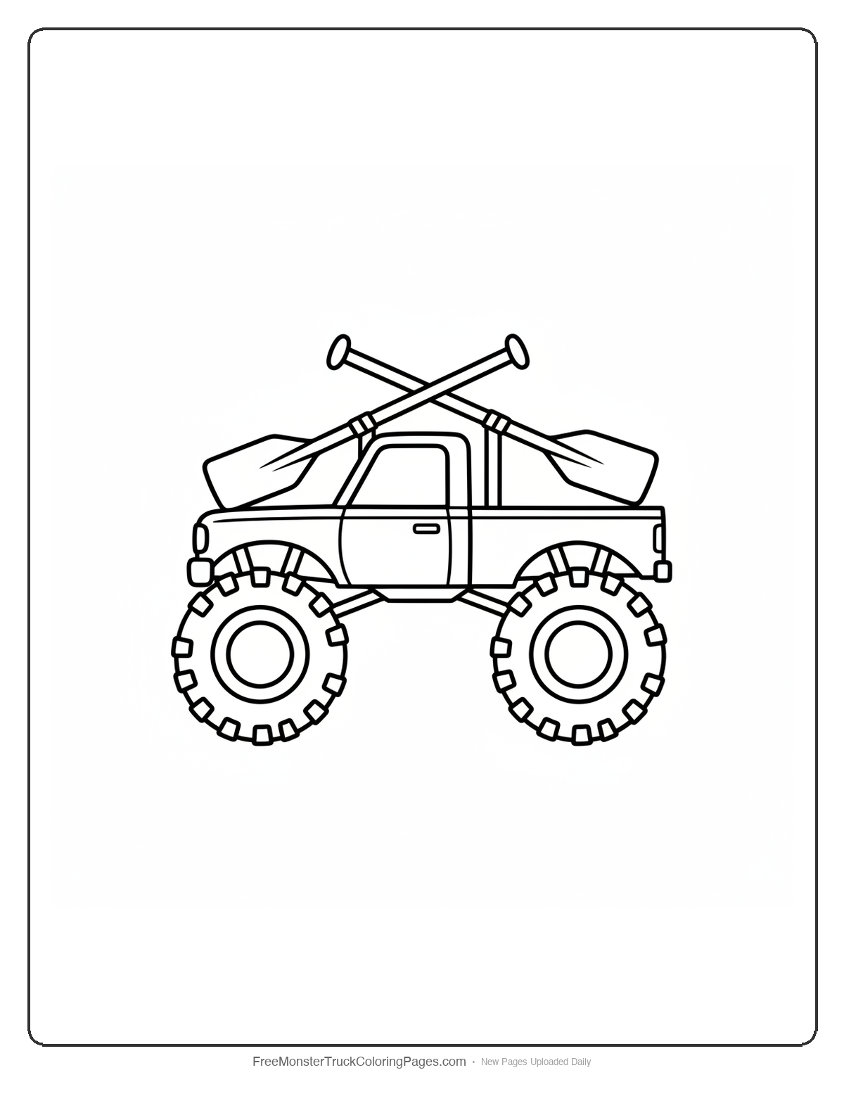 Black and white coloring page of a monster truck with a rear spoiler made of two crossed viking oars