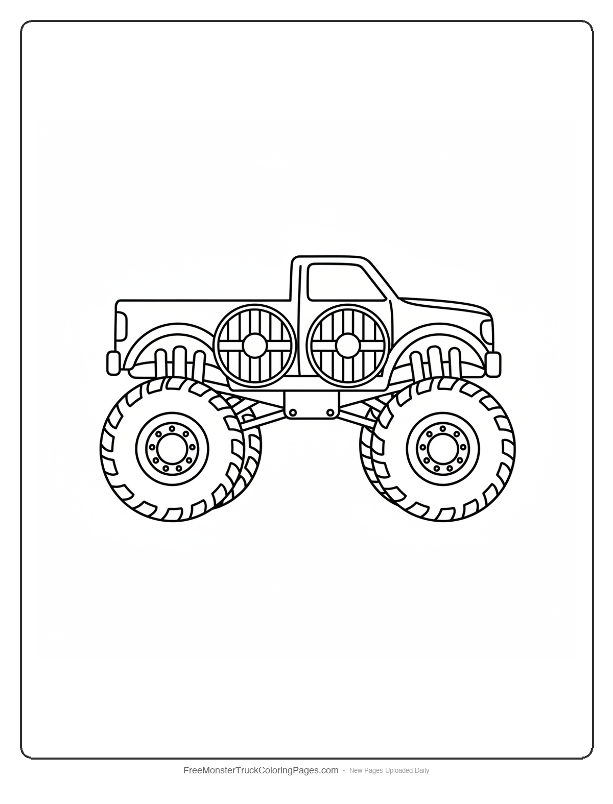 Black and white coloring page of a monster truck where each door is shaped like a round viking shield with a cross pattern and center boss