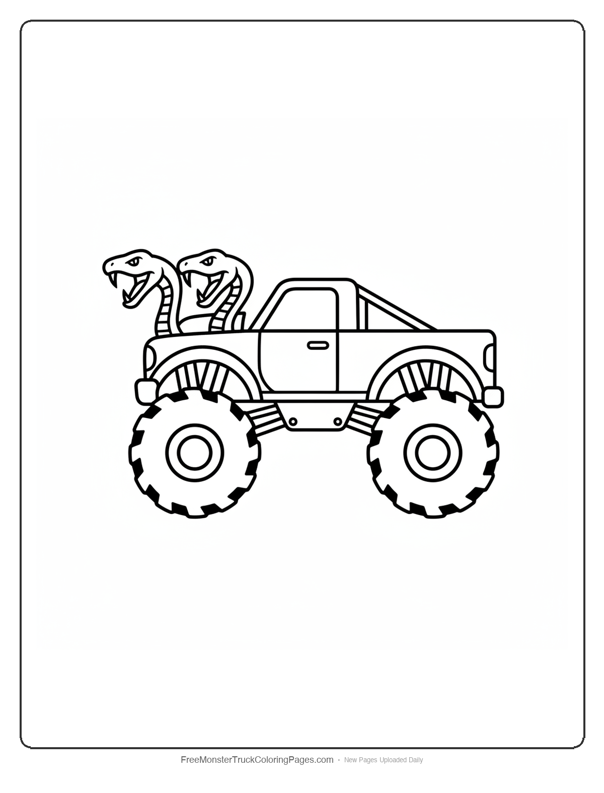 Black and white coloring page of a monster truck with exhaust pipes shaped like open-mouthed striking viper heads