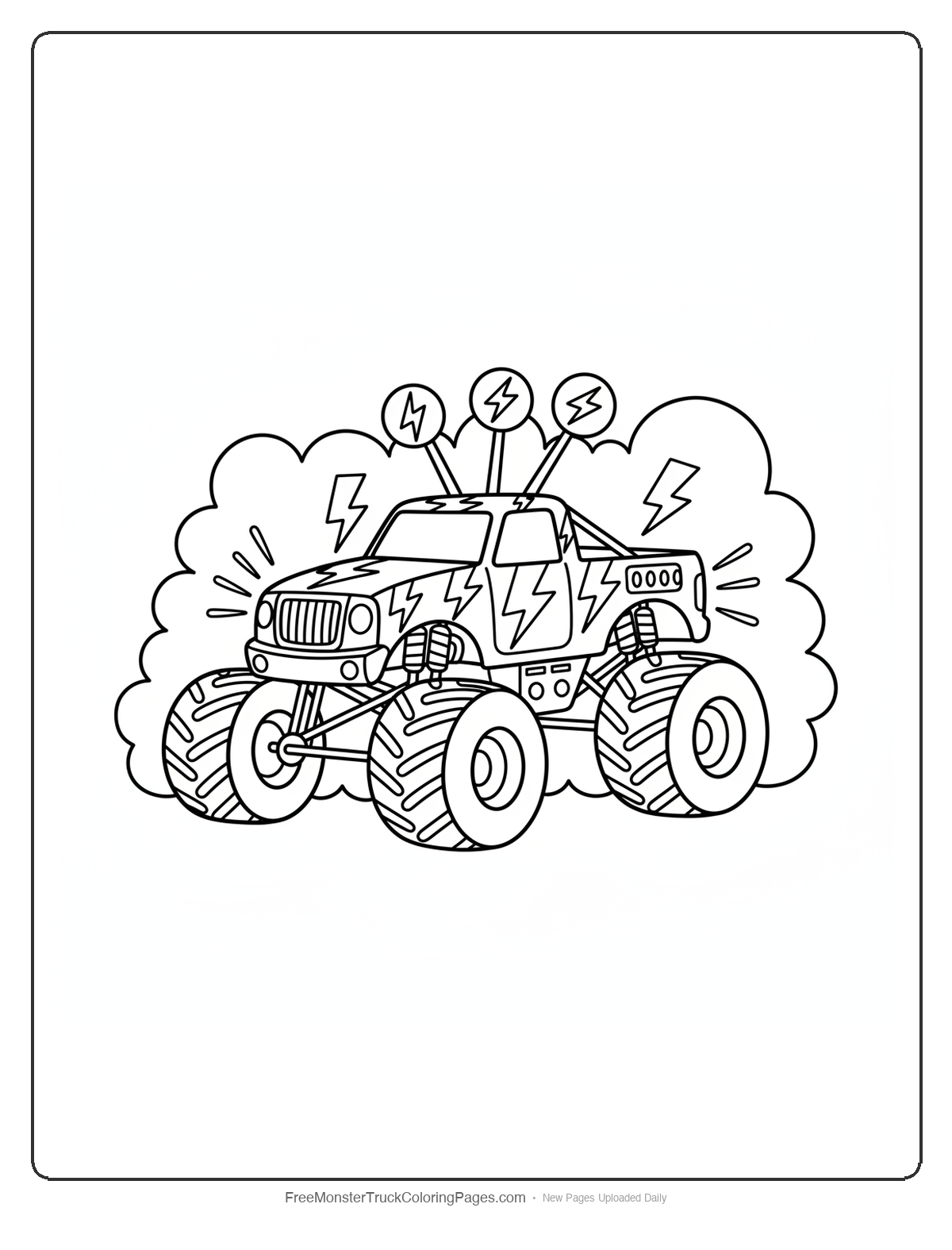 Detailed monster truck coloring page covered in lightning bolt patterns with lightning rod antennas and storm cloud background