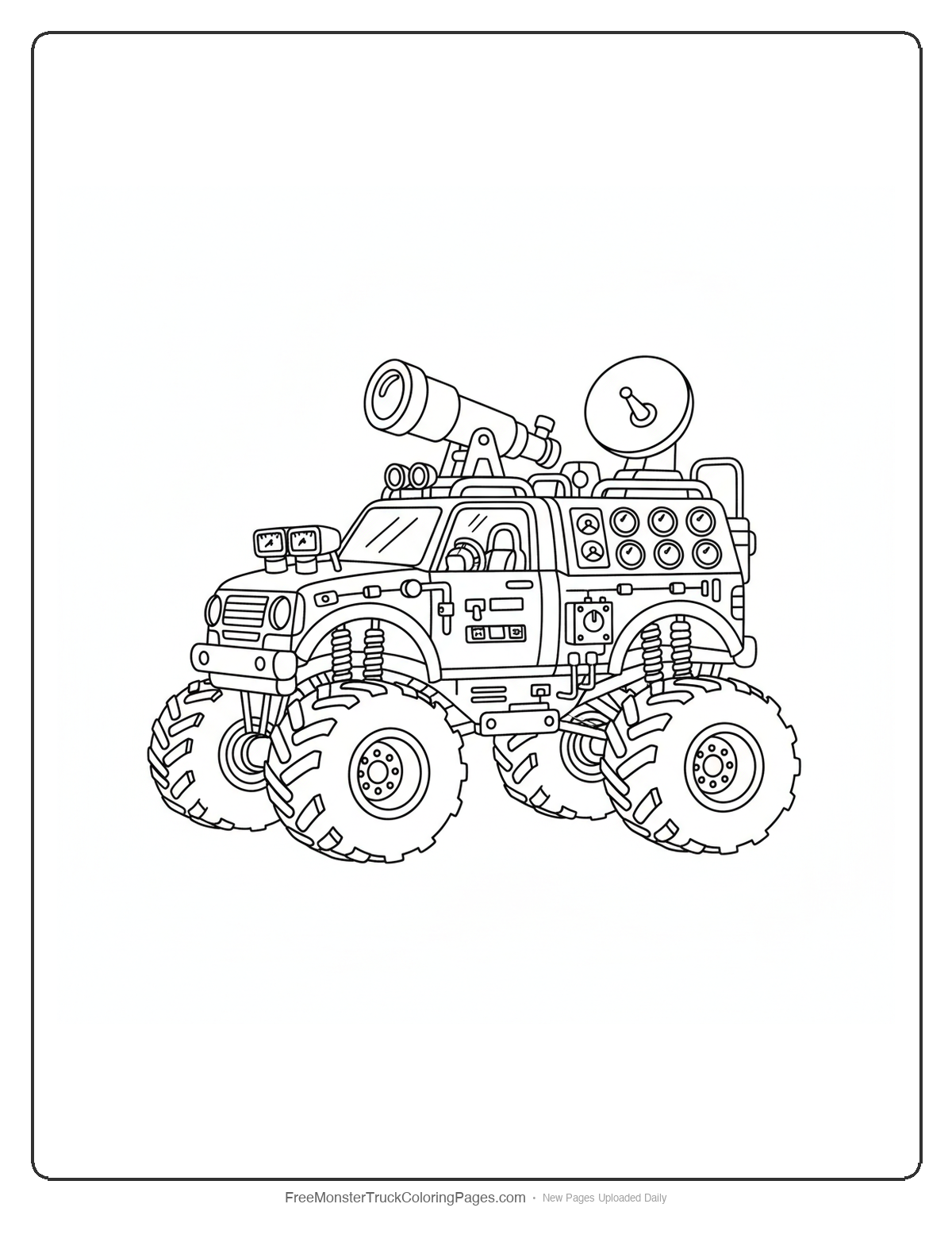 Detailed monster truck coloring page covered with scientific equipment including telescopes, sensors, and research instruments