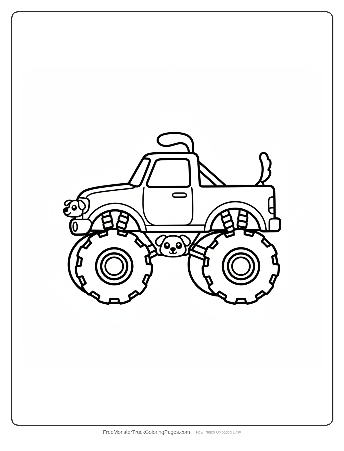 Black and white coloring page of a simple monster truck with a curved dog tail antenna and three small dog faces on the grille