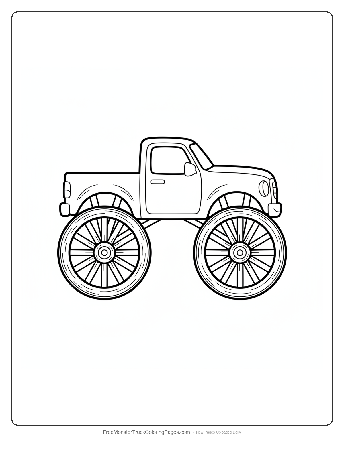 Black and white coloring page of a simple monster truck with old wooden wagon wheel spokes on each tire