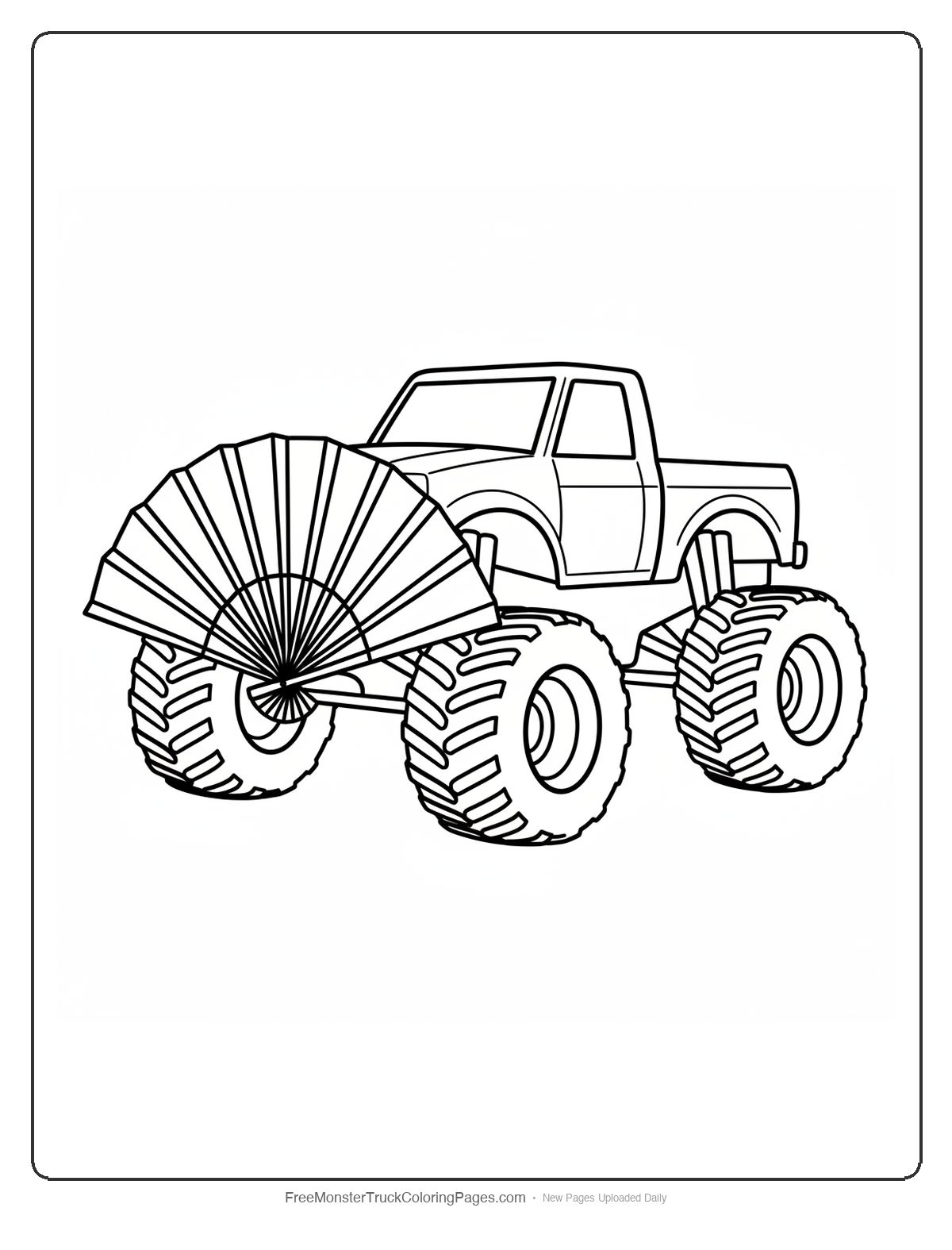 Black and white coloring page of a monster truck with a front bumper shaped like an open Japanese war fan spread wide