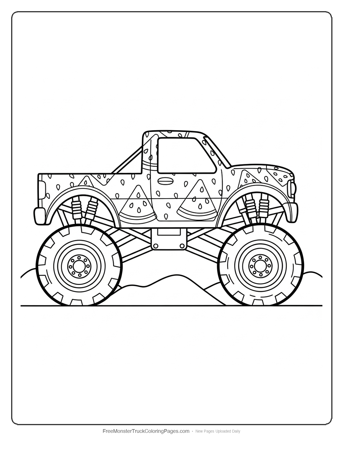 Black and white coloring page of a monster truck with watermelon slice decorations and medium-sized details