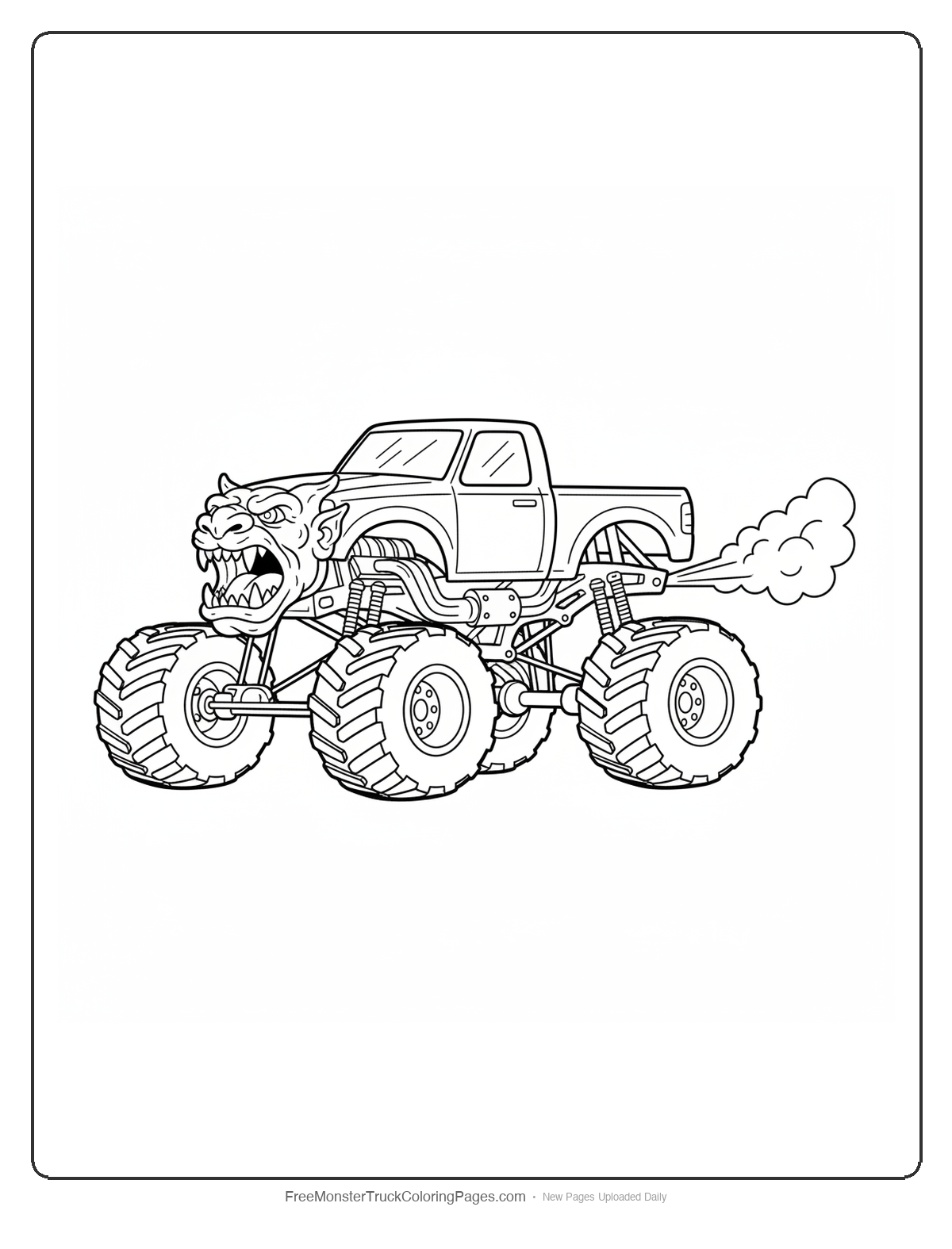 Black and white coloring page of a monster truck with an exhaust pipe shaped like a gargoyle water spout mouth