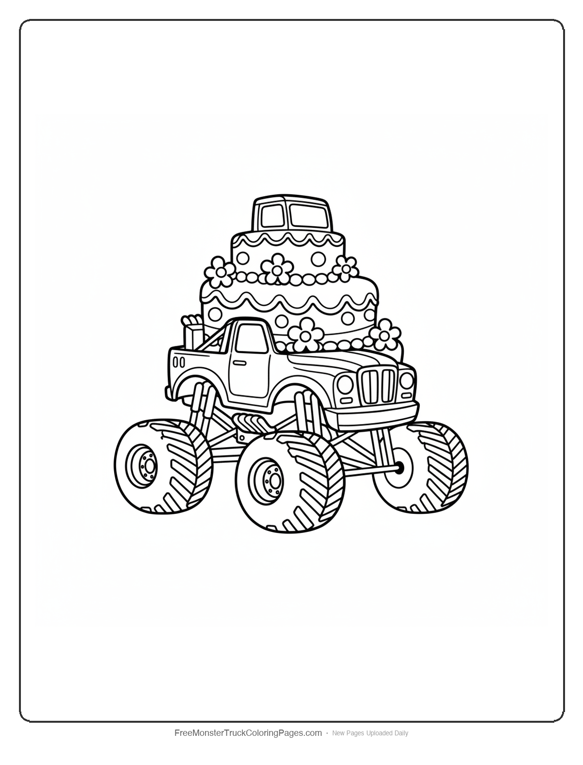 Black and white coloring page of a monster truck designed as a multi-tiered wedding cake with decorative frosting and flowers
