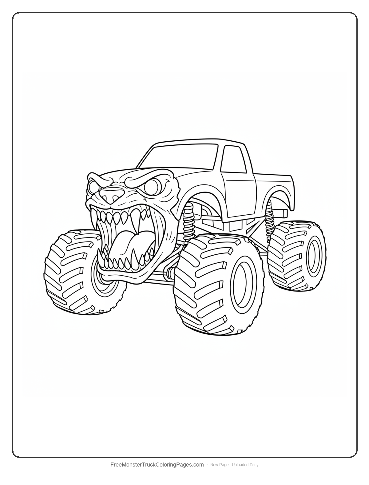 Black and white coloring page of a monster truck with an open werewolf mouth grille with long fangs top and bottom