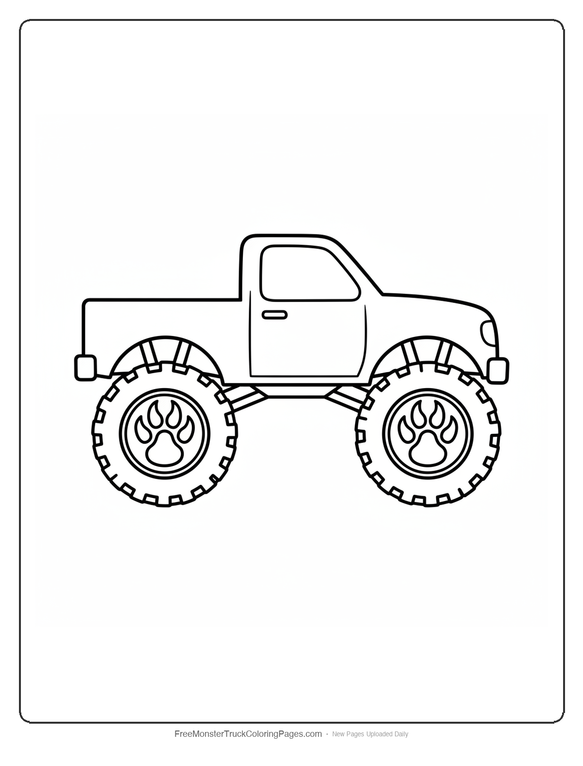 Black and white coloring page of a monster truck where each wheel hub is shaped like a werewolf paw with claws extending out