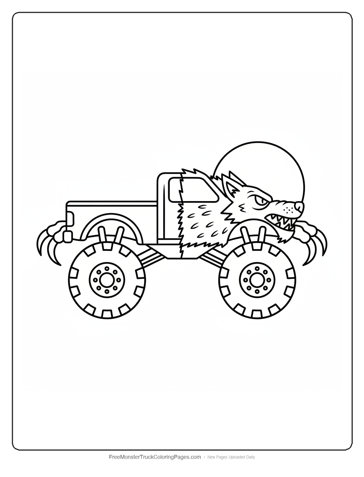 Black and white coloring page of a monster truck half-transforming into a werewolf with claws and fur on one side