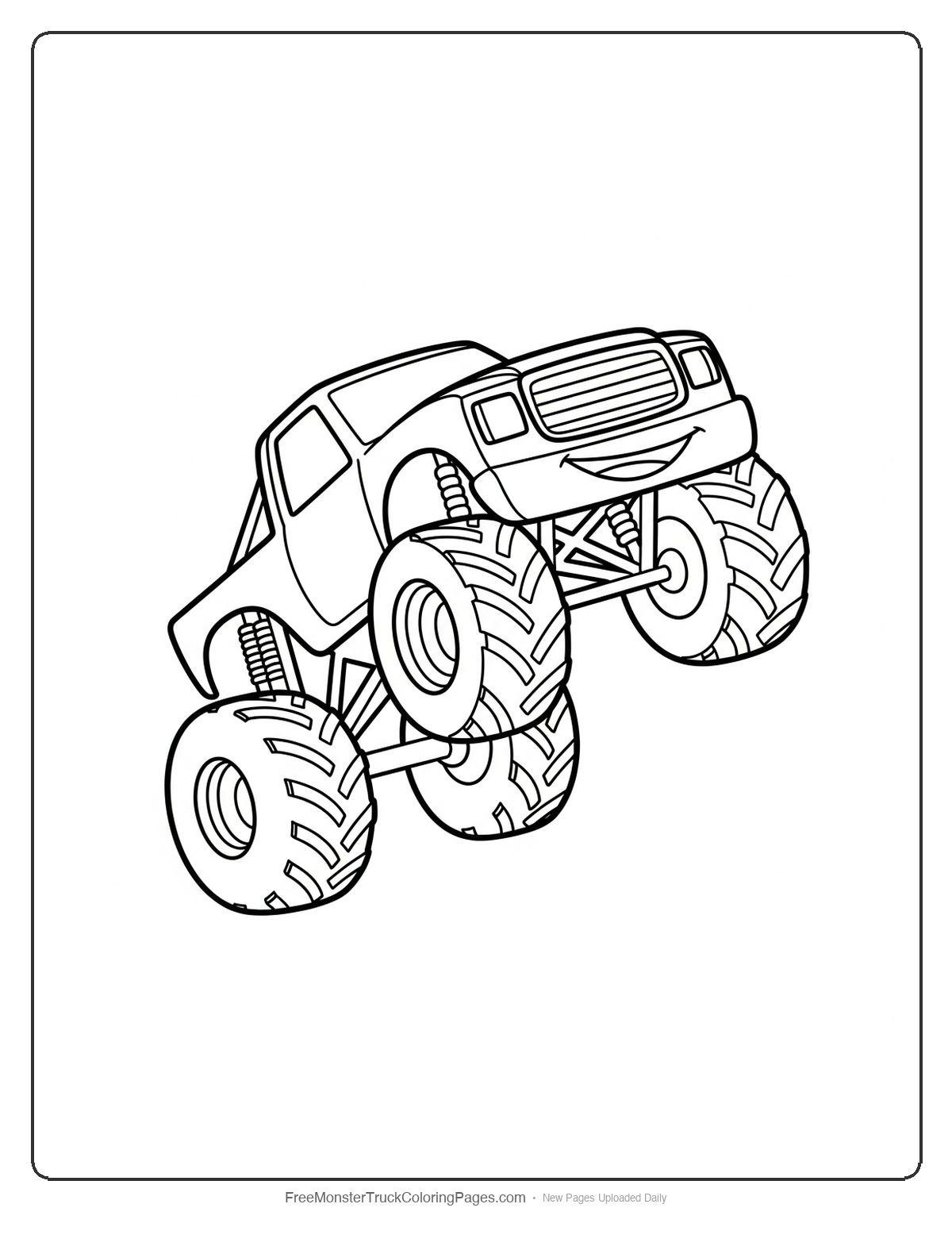 Black and white coloring page of a monster truck performing a wheelie with front wheels raised high in the air