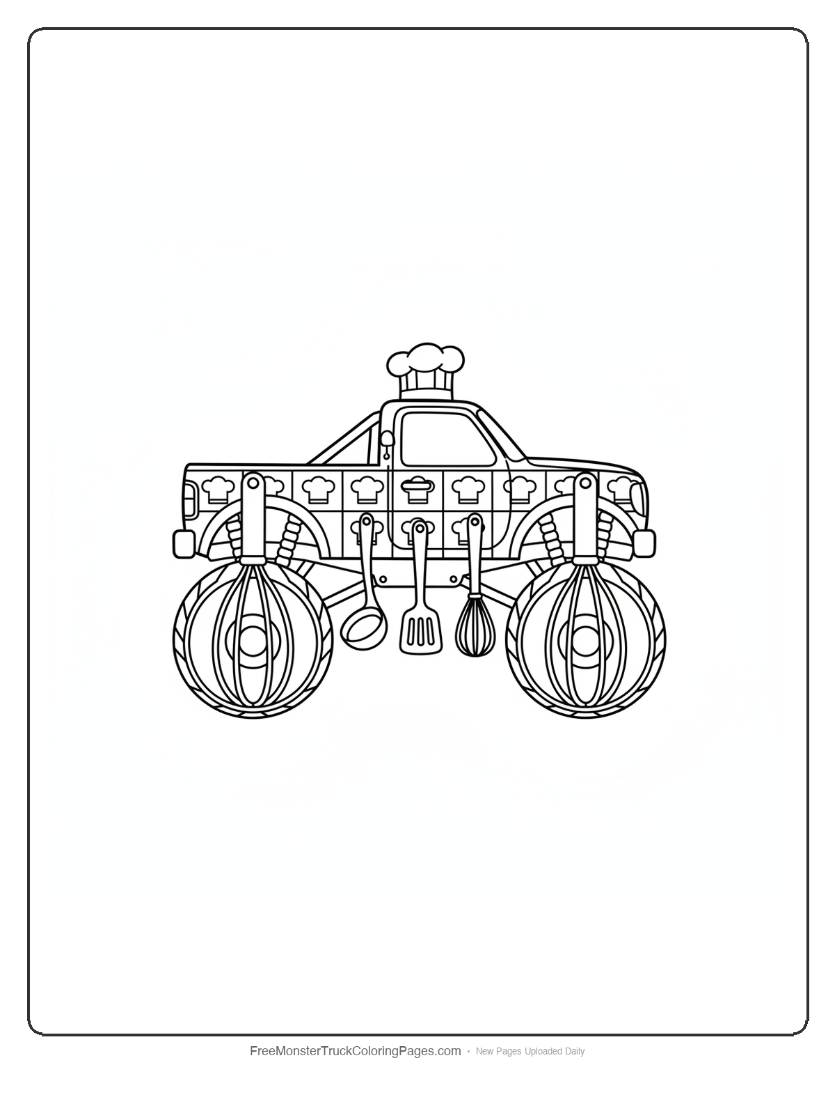 Black and white coloring page of a monster truck with large whisks as wheels