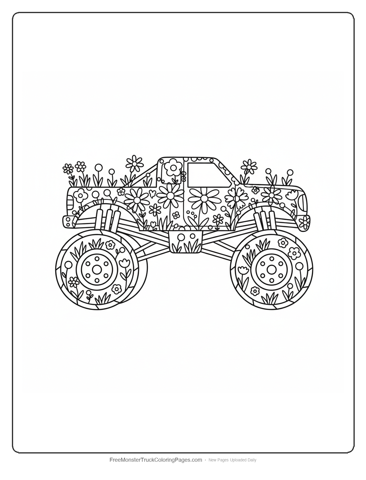 Detailed coloring page of a monster truck covered in various wildflower patterns including daisies and poppies