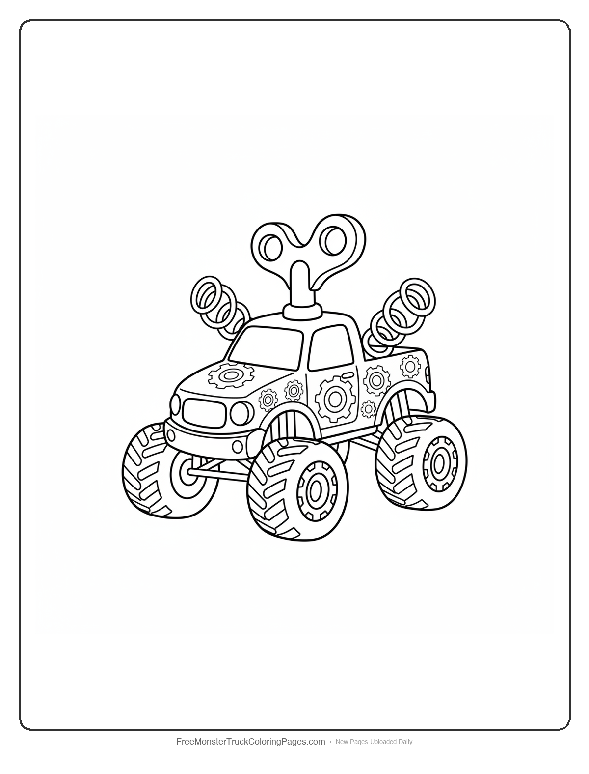 Monster truck coloring page with a large wind-up key on top and spring mechanism details
