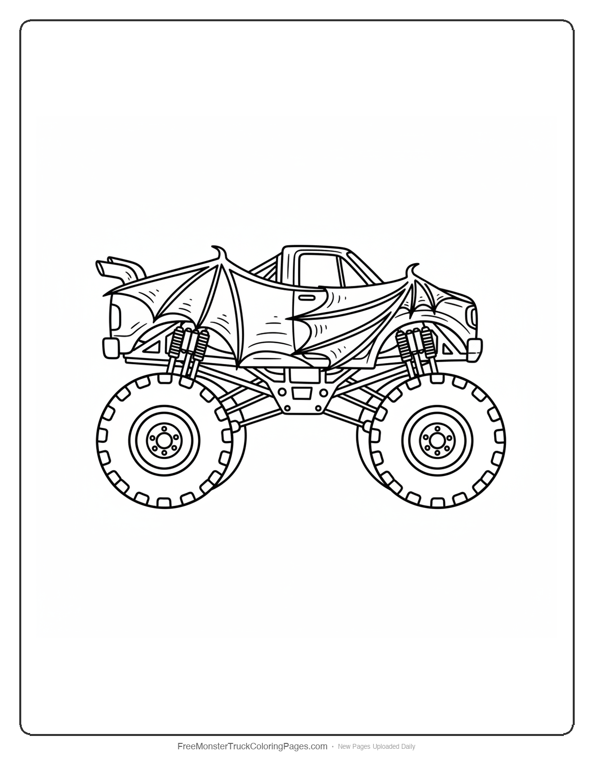 Black and white coloring page of a monster truck with doors shaped like folded bat wings wrapped around the cab