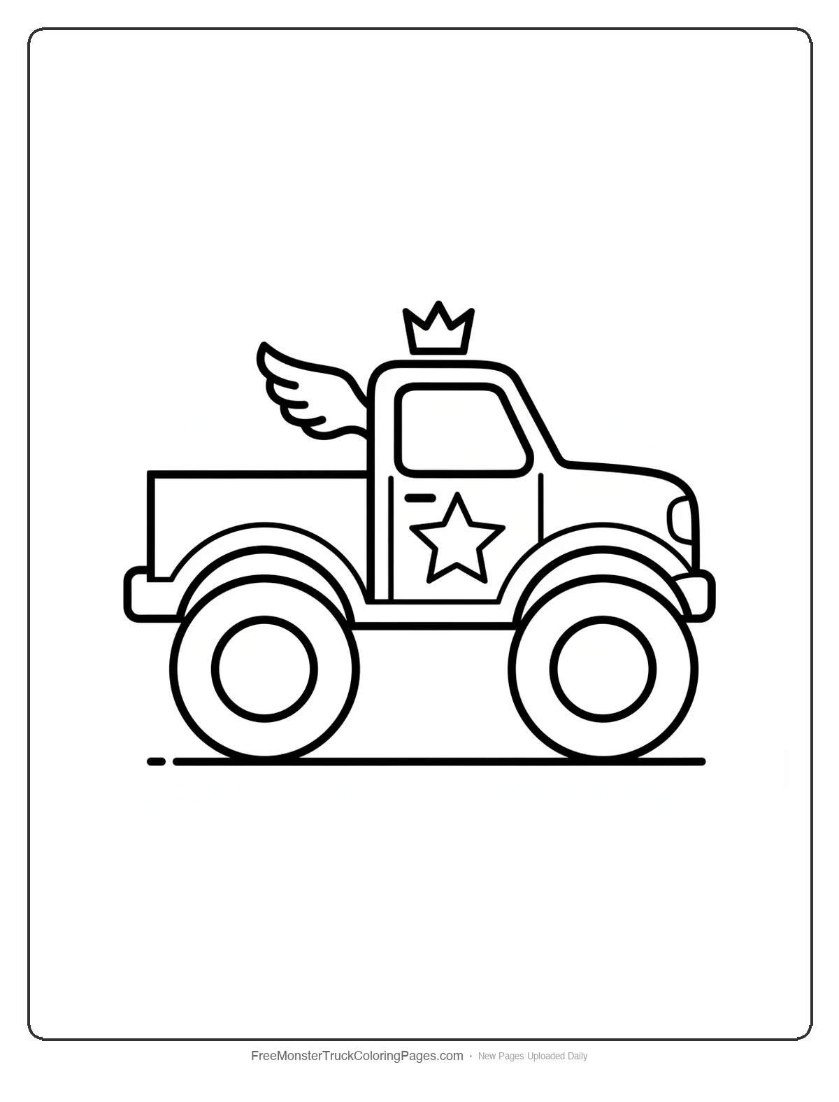 Black and white coloring page of a simple monster truck with a winged crown on the roof and a star on the door