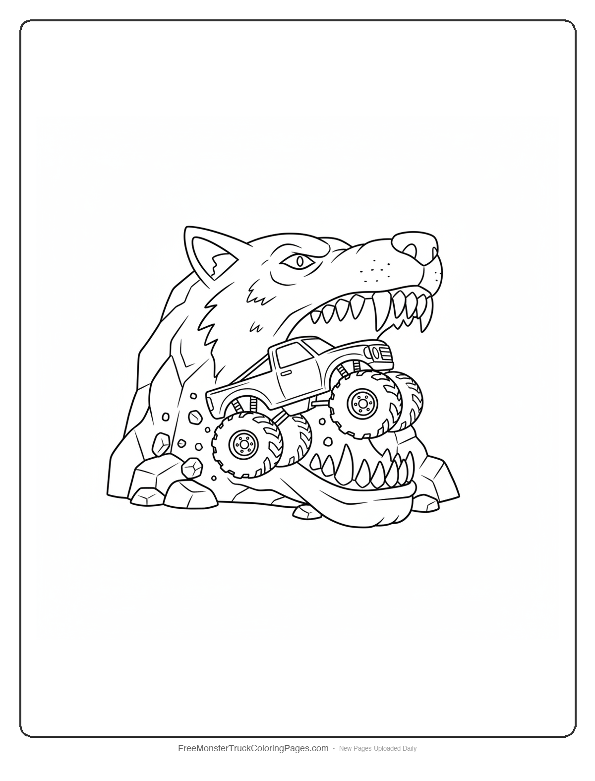 Black and white coloring page of a monster truck bursting out of a cave shaped like a wolf mouth with rocks flying