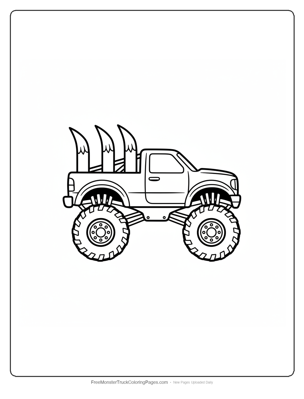 Black and white coloring page of a monster truck with four curved fang-shaped exhaust pipes rising behind the cab