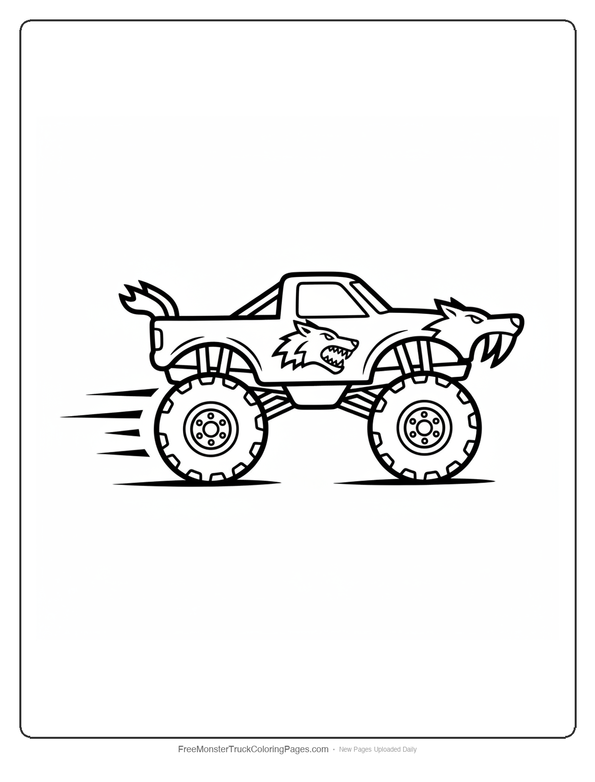 Black and white coloring page of a racing monster truck with wolf profile painted on the side and speed lines