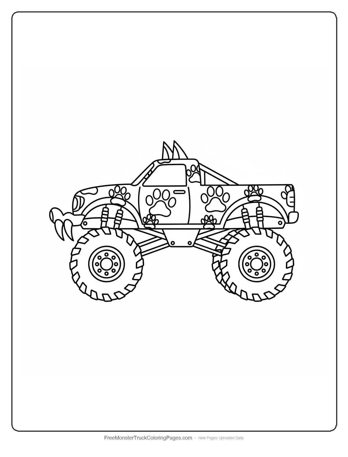 Black and white coloring page of a monster truck decorated with wolf paw prints, fangs on bumper, and wolf ears on roof