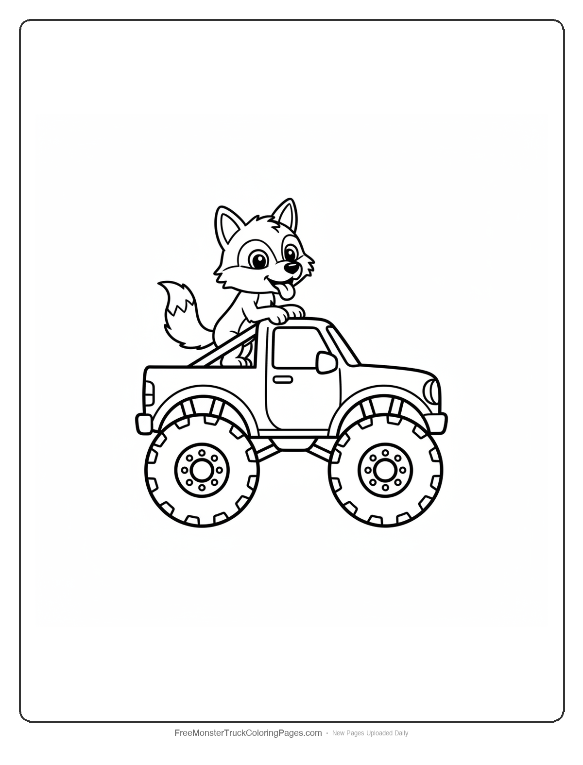 Black and white coloring page of a simple monster truck with a cartoon wolf standing on top with tongue out