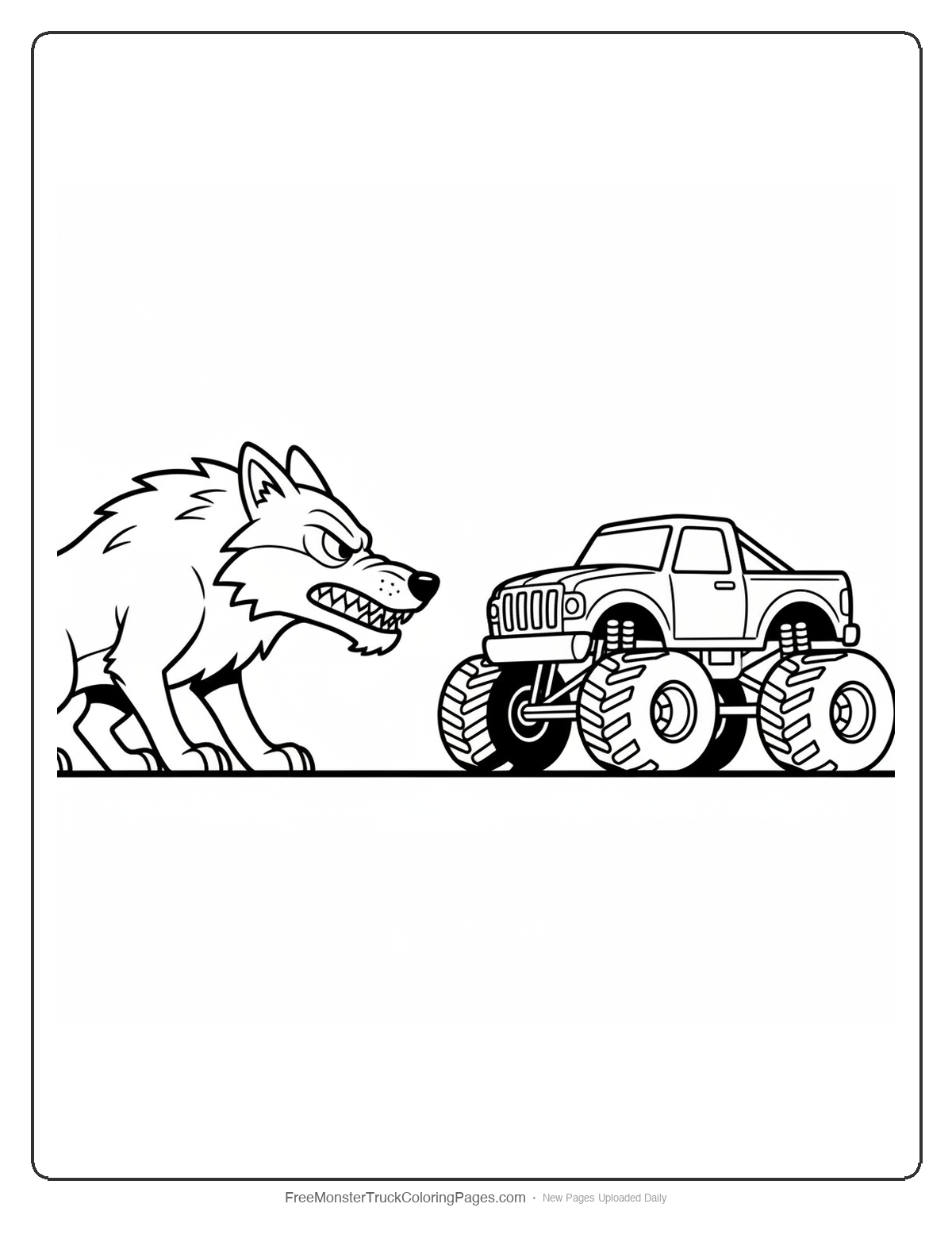 Black and white coloring page of a giant wolf facing off against a monster truck in a standoff