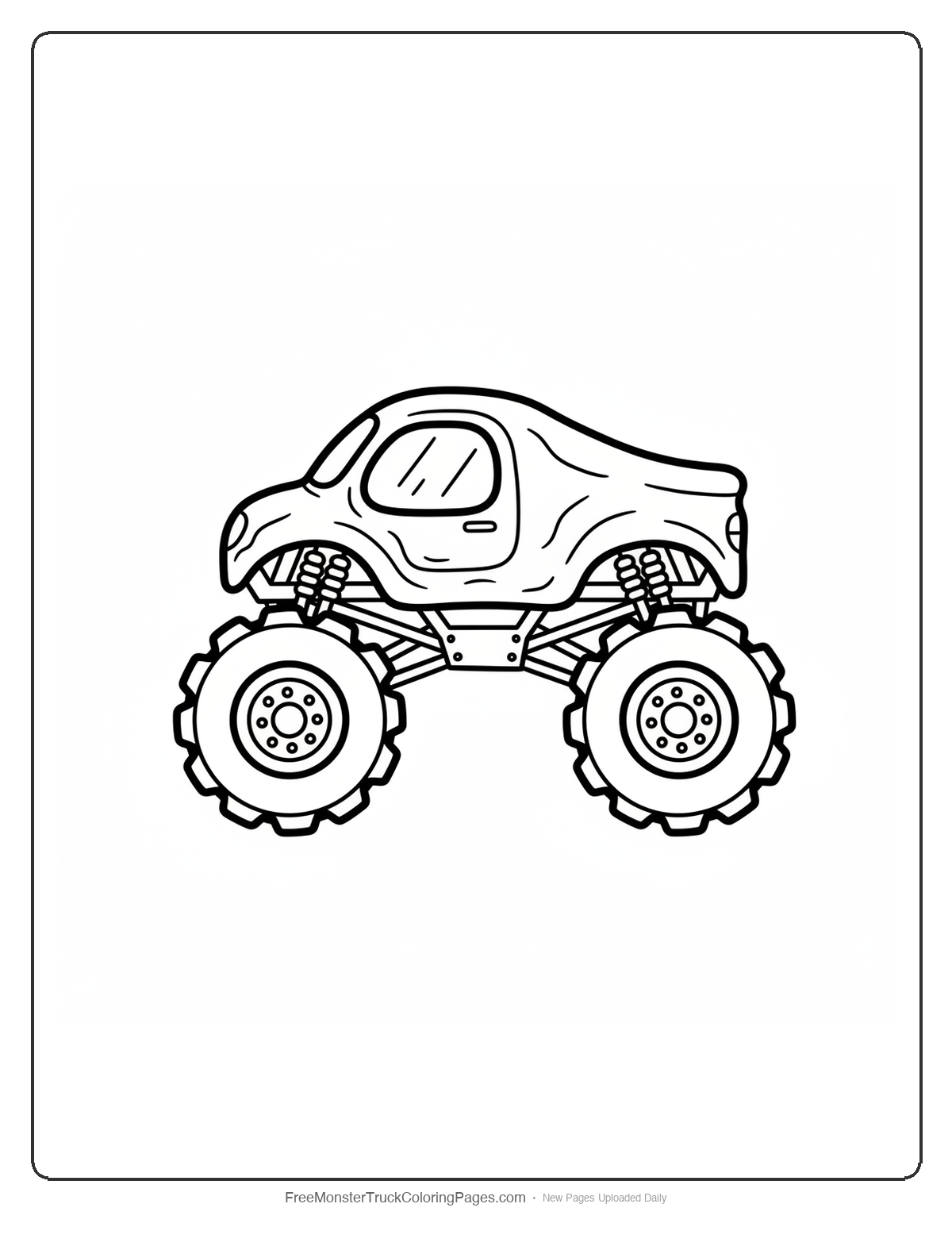 Black and white coloring page of a monster truck with the cab shaped like a wolverine den cave entrance with a round windshield opening