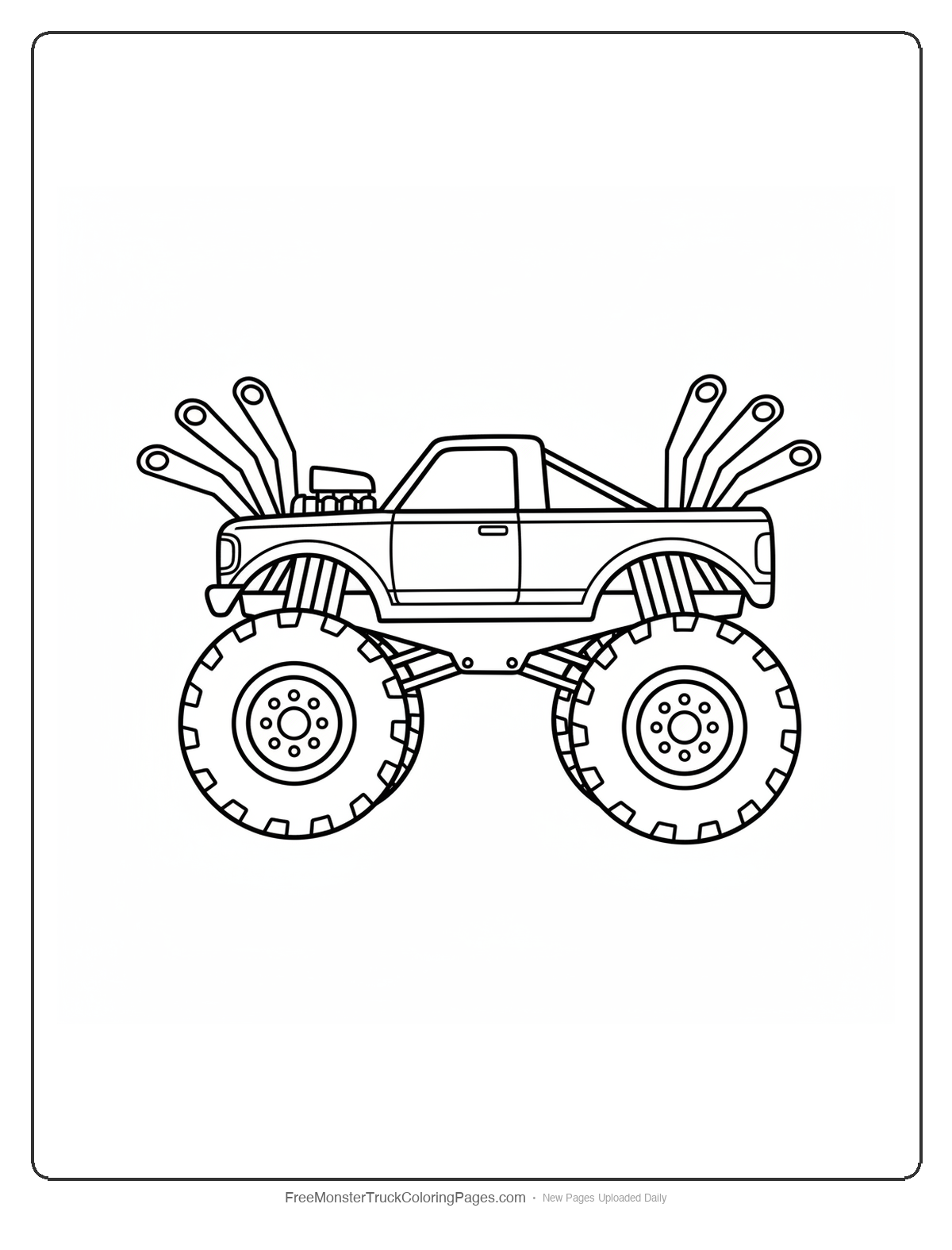 Black and white coloring page of a monster truck with four short exhaust pipes on each side angled outward like wolverine animal claws
