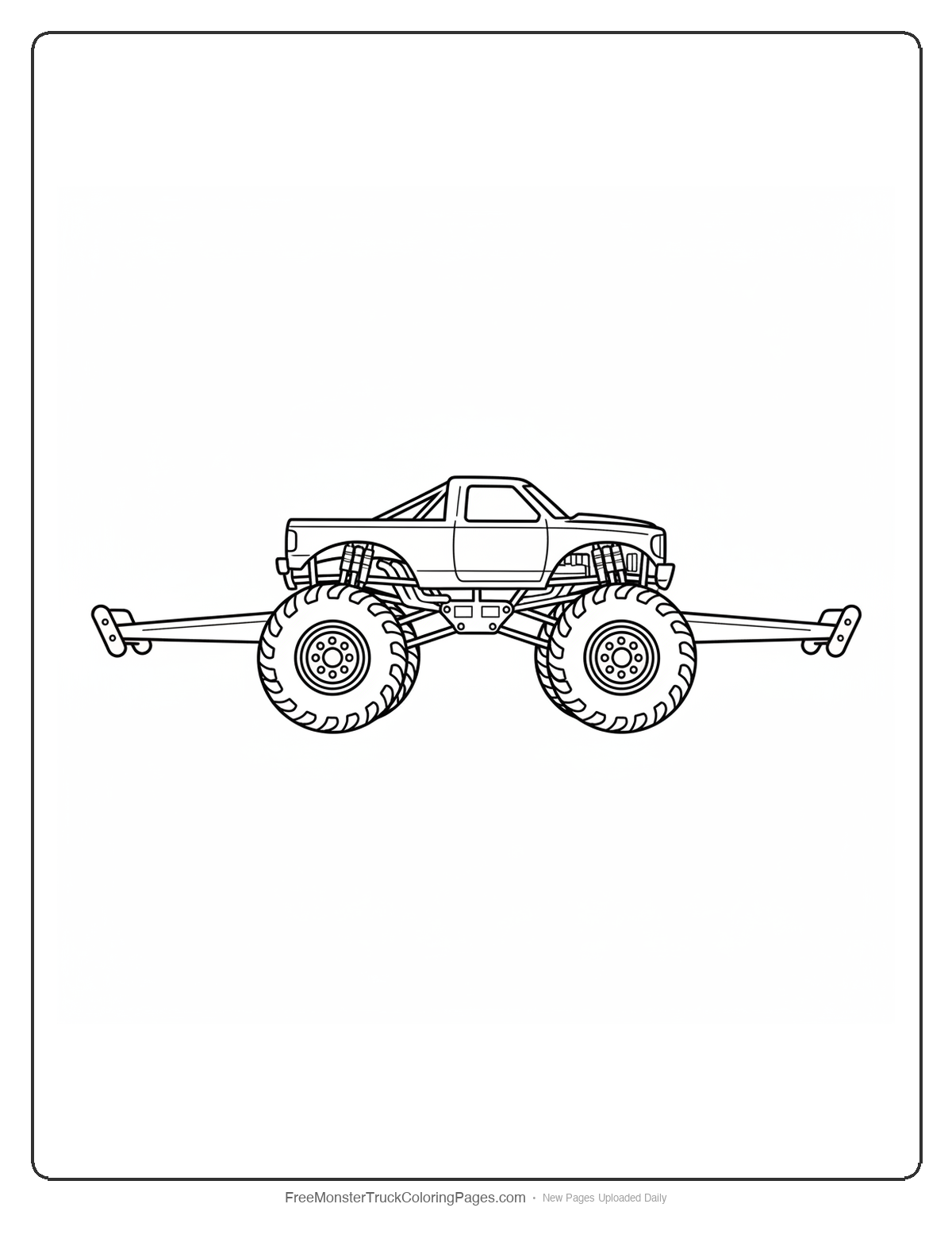 Black and white coloring page of a monster truck with an extra wide low stance like a wolverine animal, wider than it is tall