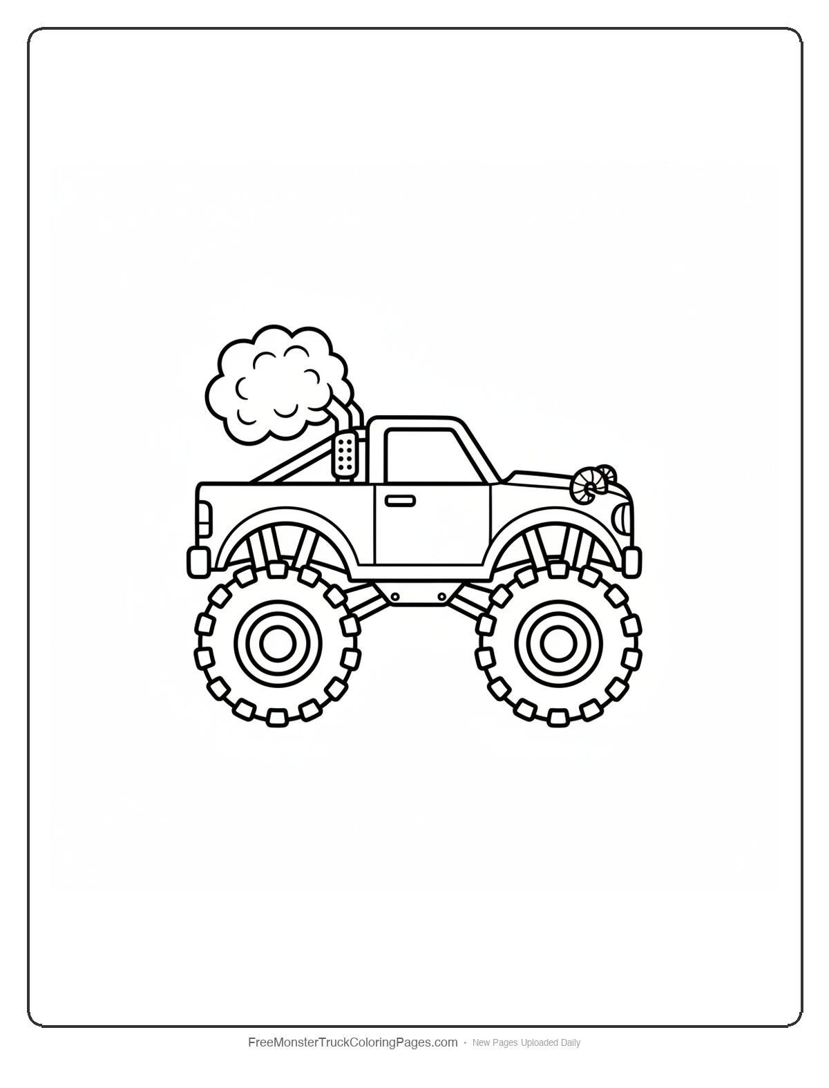 Black and white coloring page of a simple monster truck with cloud shaped exhaust puffs and small curling horns