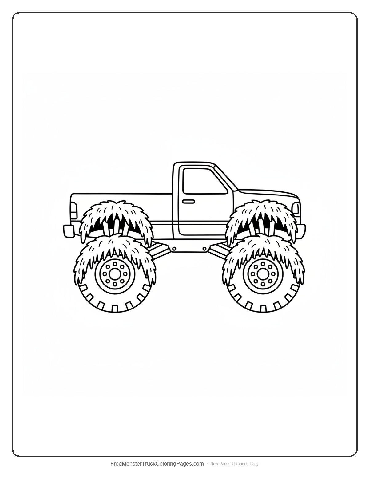 Black and white coloring page of a monster truck with shaggy woolly fur texture hanging from the fender edges
